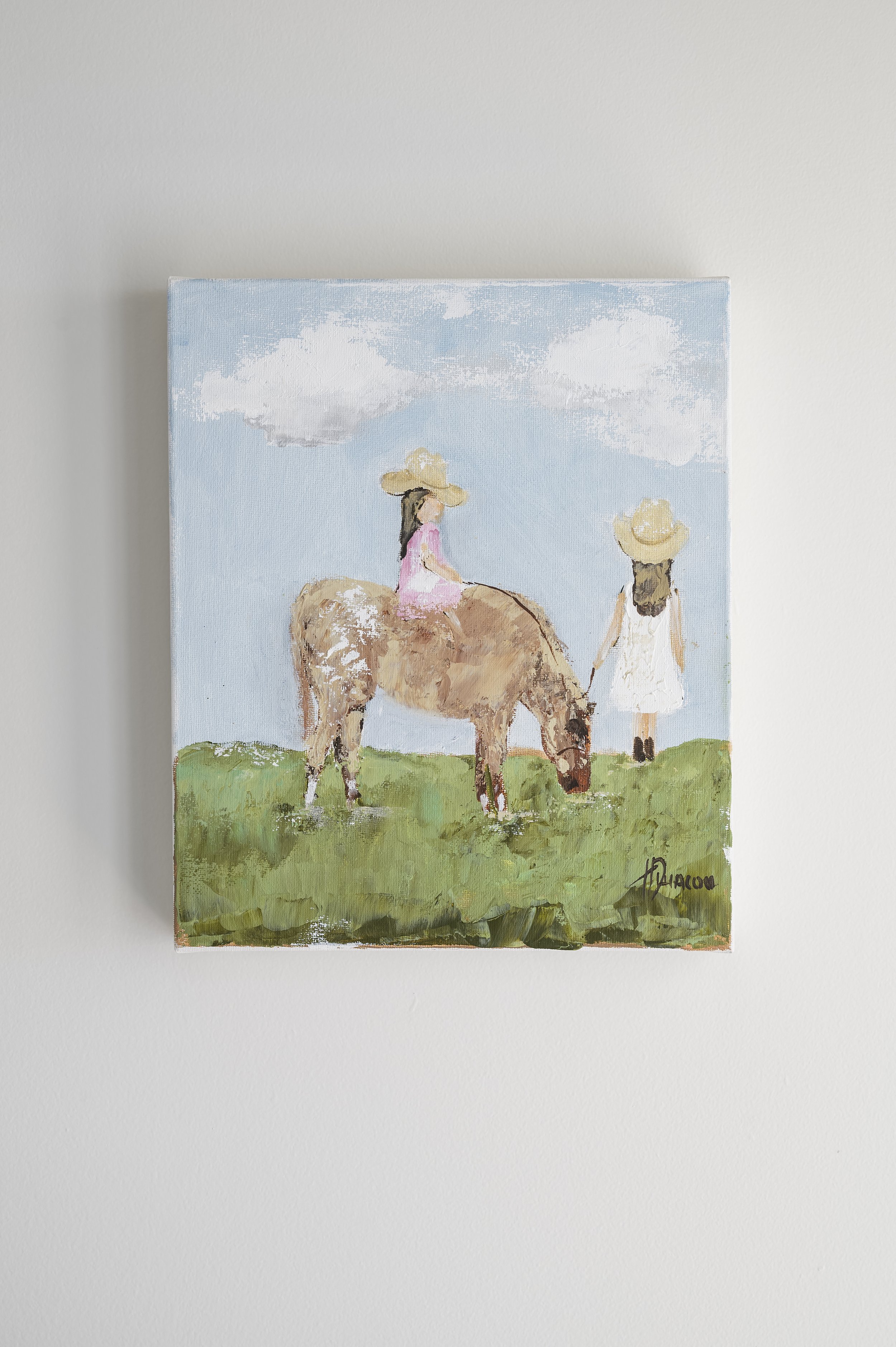 Painting of two girls wearing hats, one sitting on a horse and the other holding its reins on a grassy field under a partly cloudy sky.