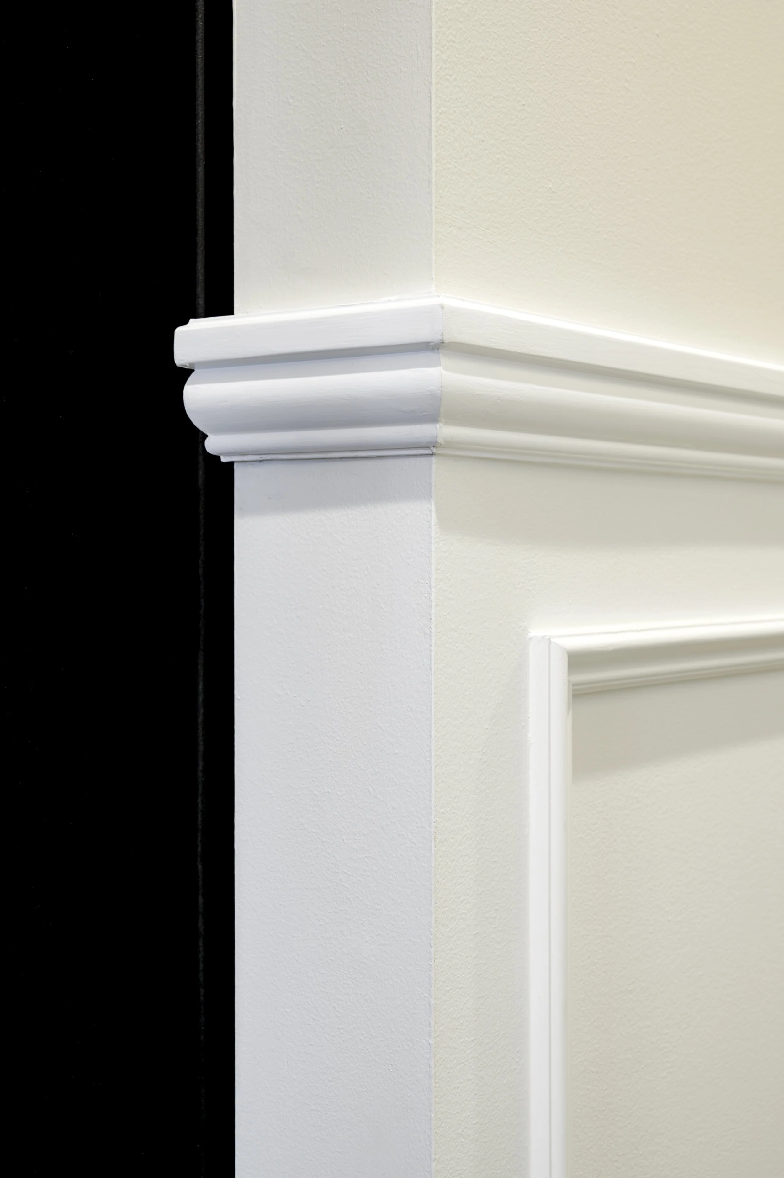Close-up of a white painted corner of a room, showing decorative crown molding and chair rail molding.