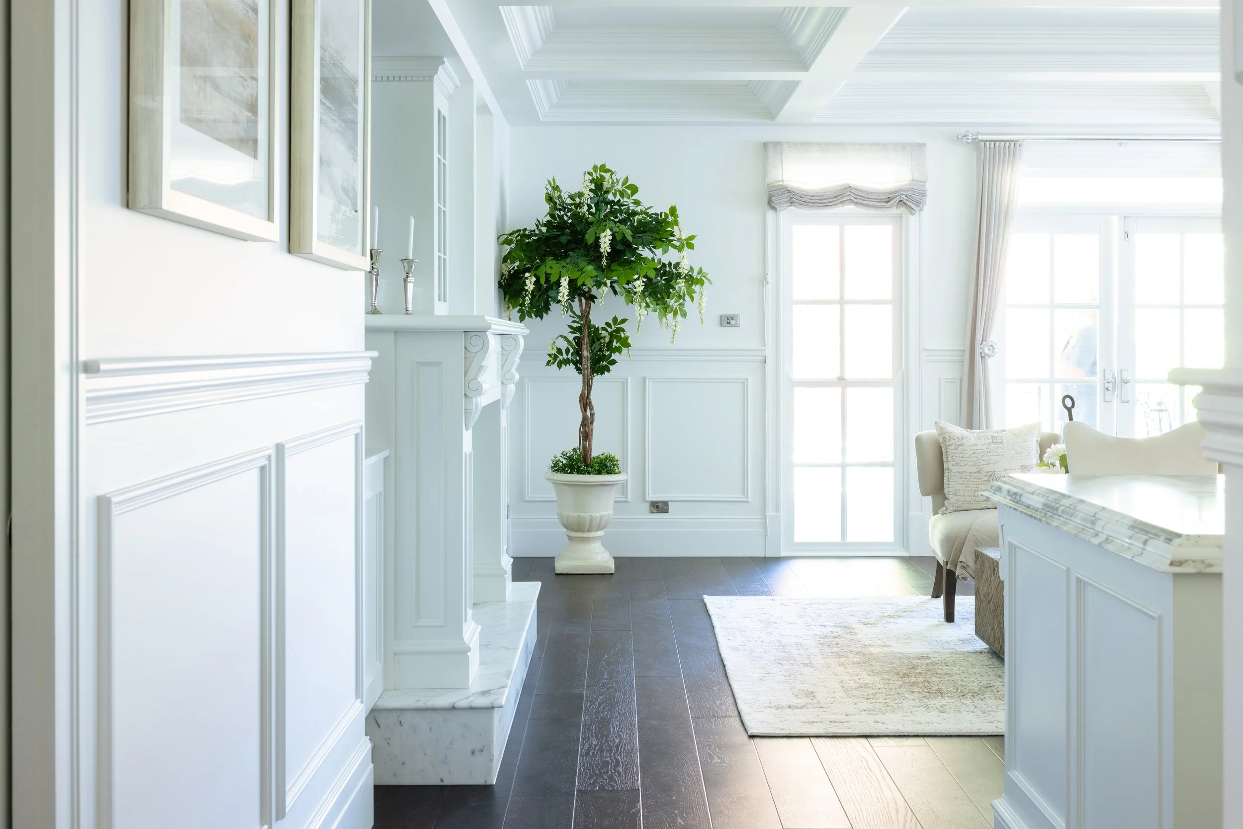Bright living room with white walls, dark hardwood floors, a large potted plant, couches, and a door leading outside.
