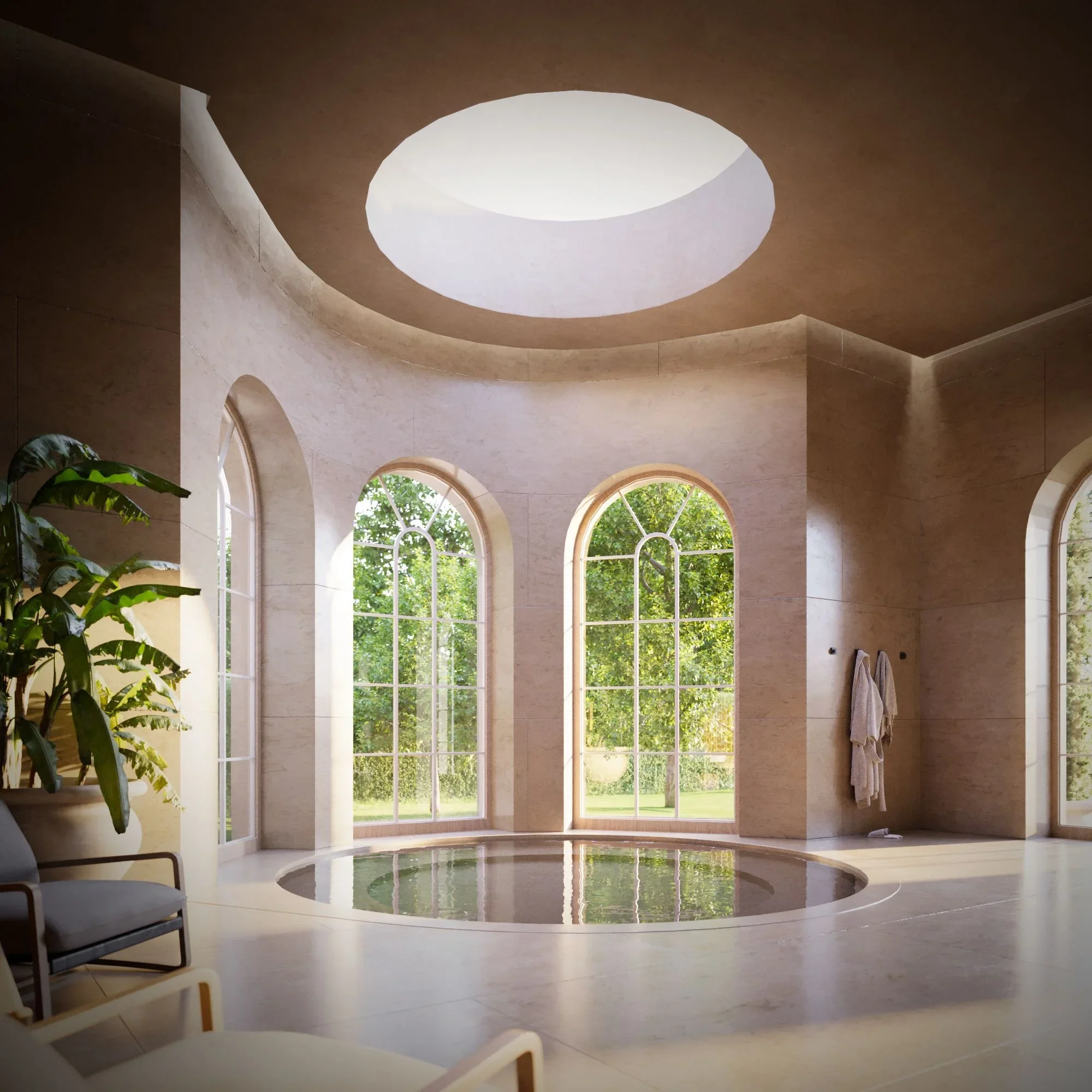 Elegant spa room with large arched windows, a round skylight ceiling, and a circular hot tub.