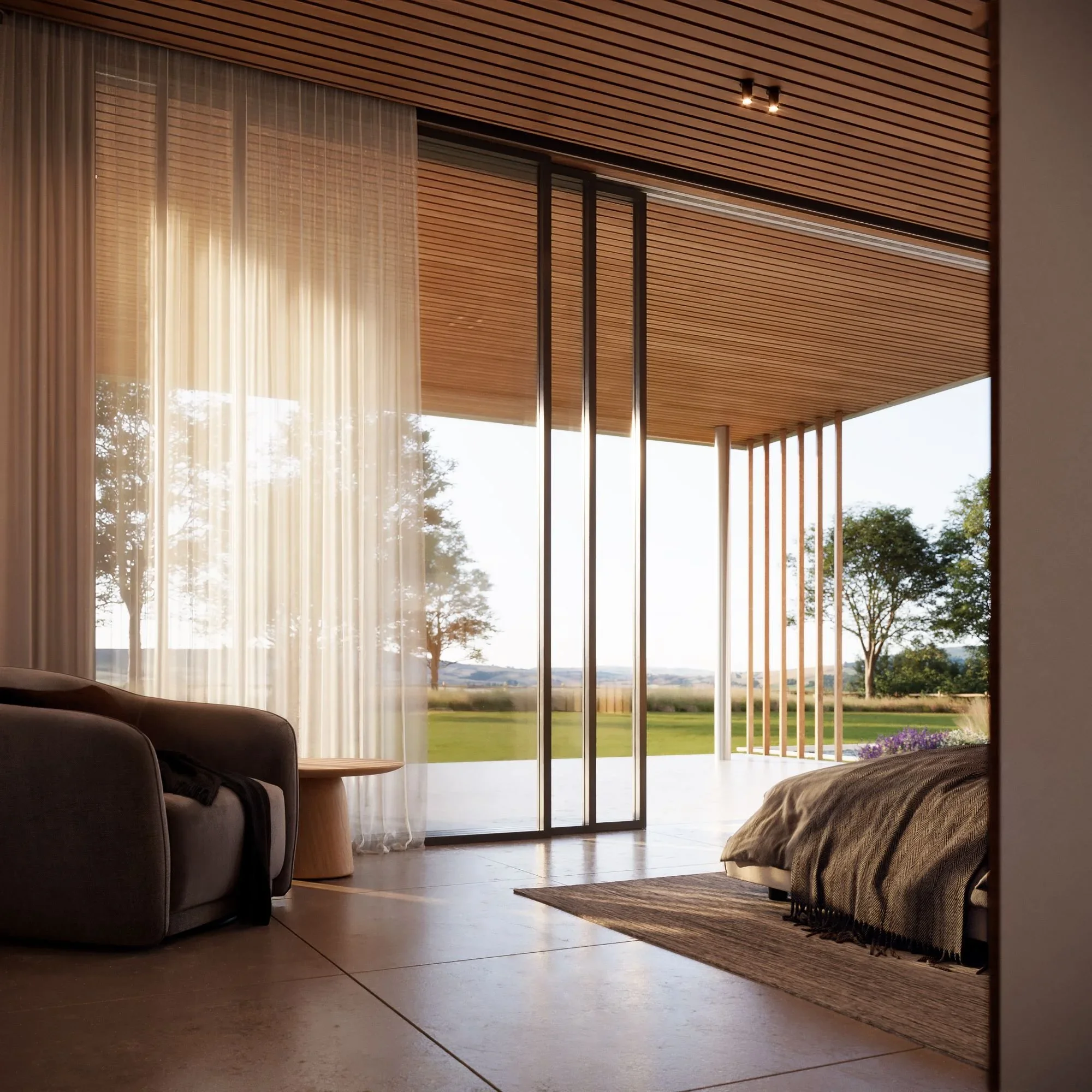 Modern bedroom with glass sliding doors opening to a lawn and trees outside, featuring wooden ceiling and vertical wooden slats, with a bed and a rug visible inside.