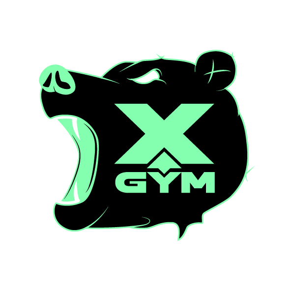 Logo of X Gym featuring a roaring bear's head with the words 'X GYM' inside