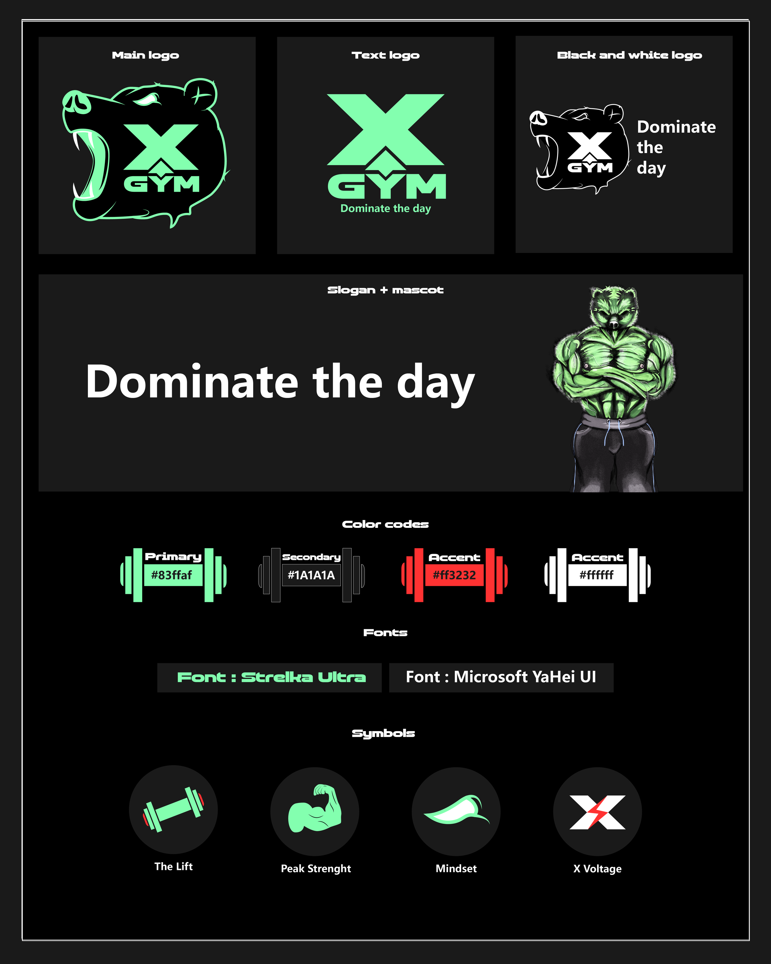 A design guide for a gym logo featuring a green and black theme. Contains variations of the gym logo, a mascot of a muscular anthropomorphic bear, and color codes for branding. Also includes font options, and symbols representing lifting, strength, mindset, and voltage.