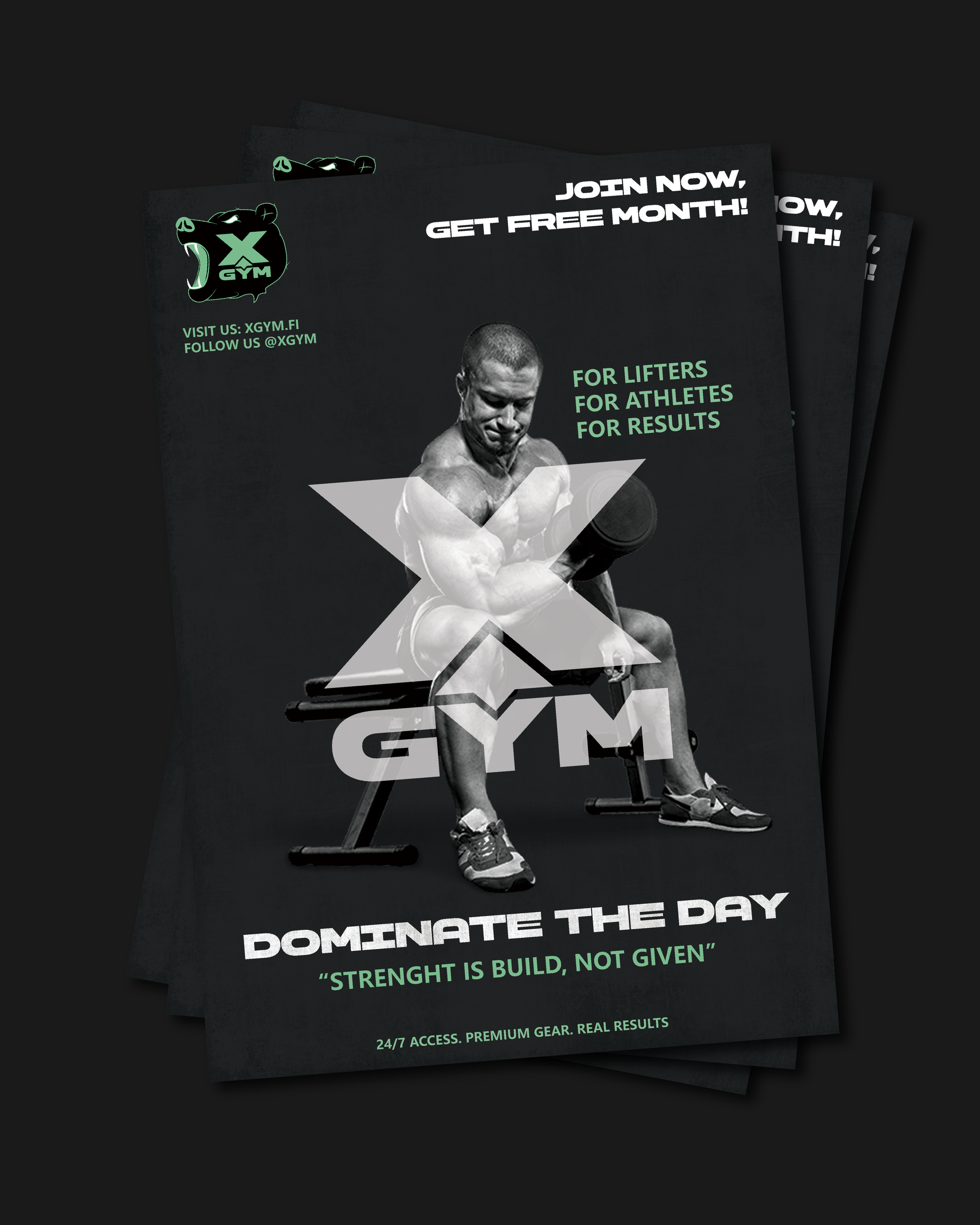 A black and white fitness flyer featuring a muscular man lifting a dumbbell while sitting on a bench. The flyer advertises a gym called X GYM, promoting free trials and highlighting strength training for lifters, athletes, and results.