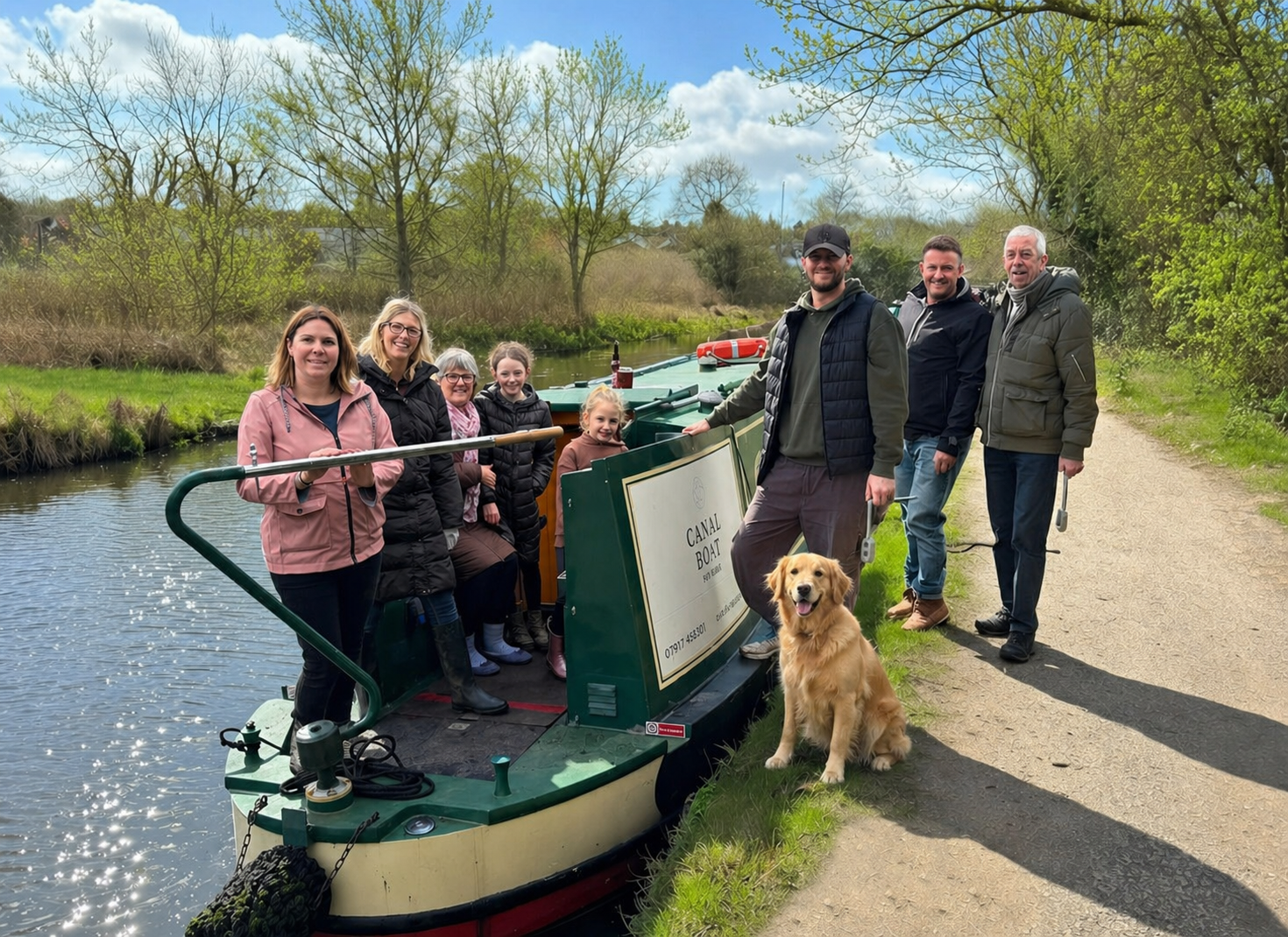 A family with their dog on Tilly the narrowboat, moored on the Grand Union Canal in Apsley