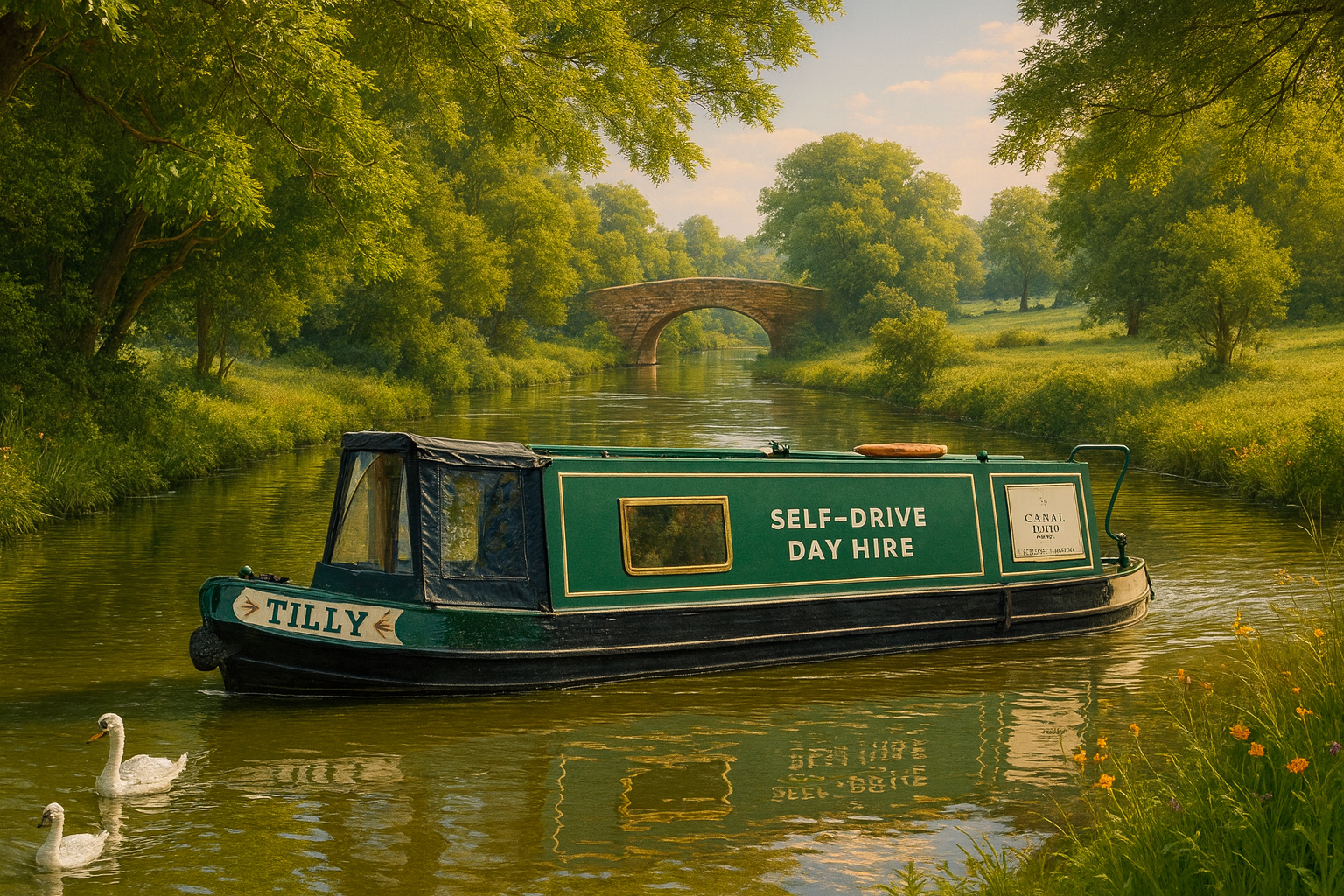 A narrowboat named 'Tilly' on a peaceful canal, surrounded by lush green trees and grass, with a stone bridge in the background, and two swans swimming nearby.