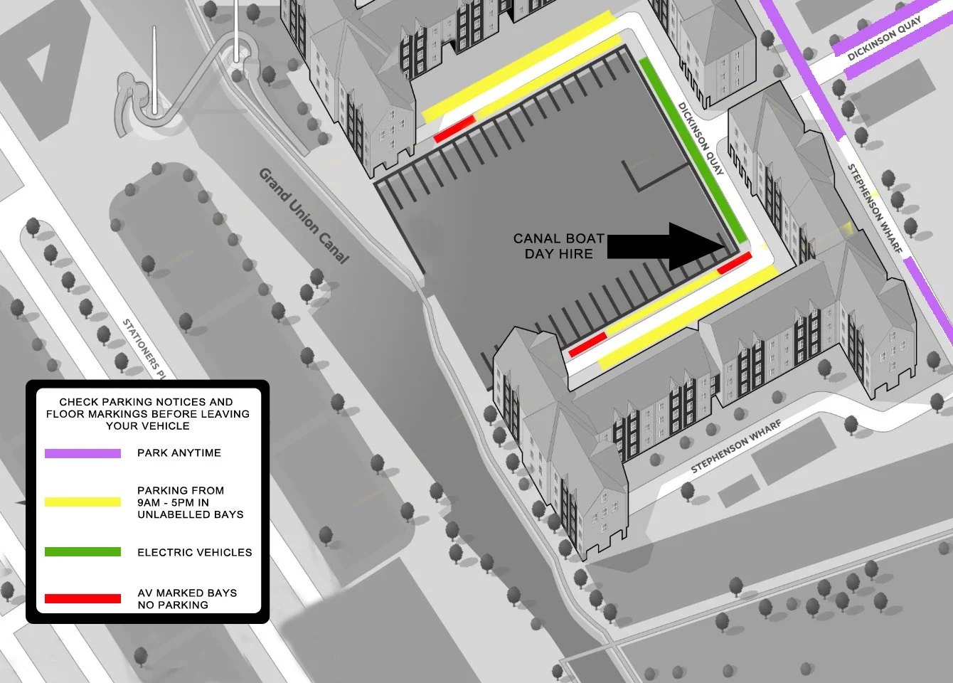 Map of a parking lot near a canal boat rental area with designated parking zones including purple for park anytime, yellow for parking from 9am to 5pm in unlabelled bays, green for electric vehicles, and red for no parking. There are arrows indicatin
