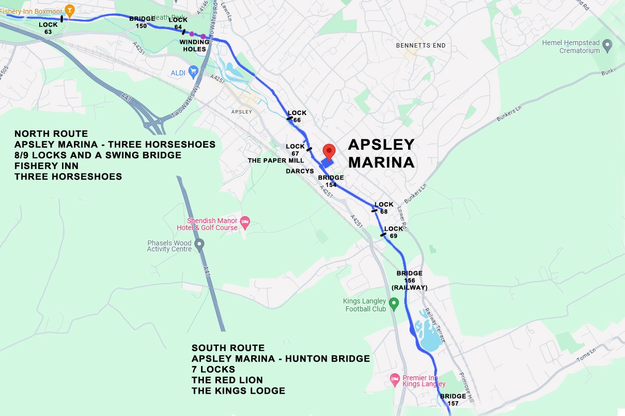 A map showing the north and south routes along the Grand Union Canal from Apsley Marina
