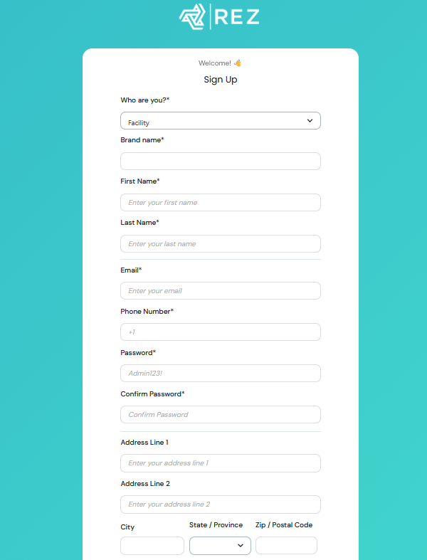 Online sign-up form for Rez with fields for user type, brand name, first and last name, email, phone number, password, address, city, state, and ZIP code.