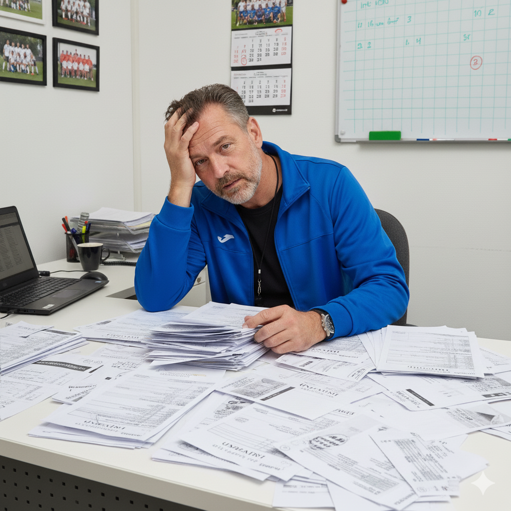 Frustrated man at cluttered desk covered with paper work, wearing a blue jacket, in an office with photos of a sports team and a calendar on the wall.