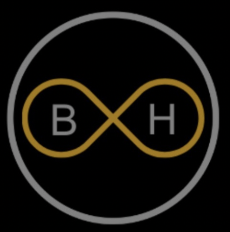 Logo with an infinity symbol connecting the letters B and H, surrounded by a gray circle on a black background.