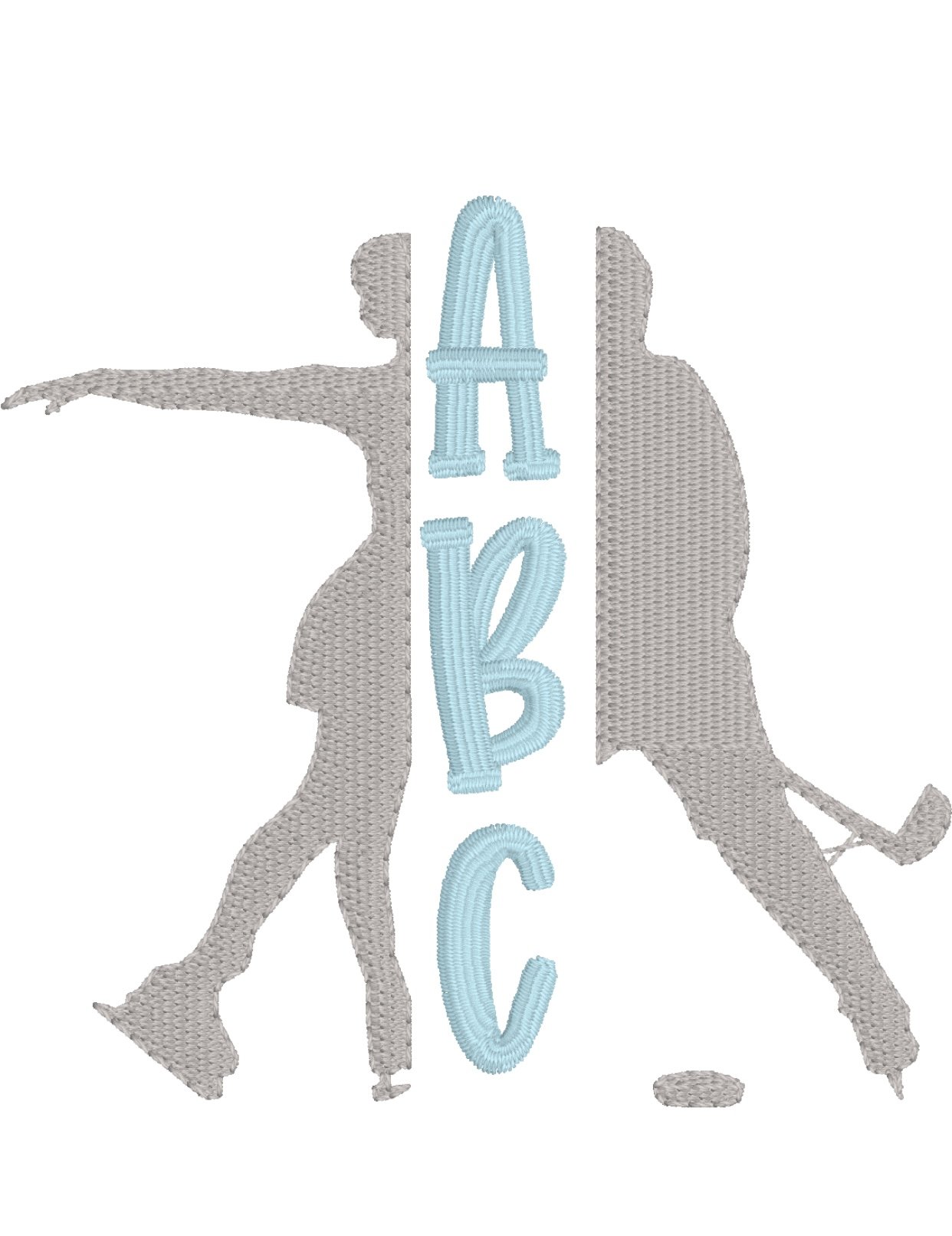 Embroidery patch featuring two ice hockey players silhouette and the letters A, B, and C vertically in light blue.