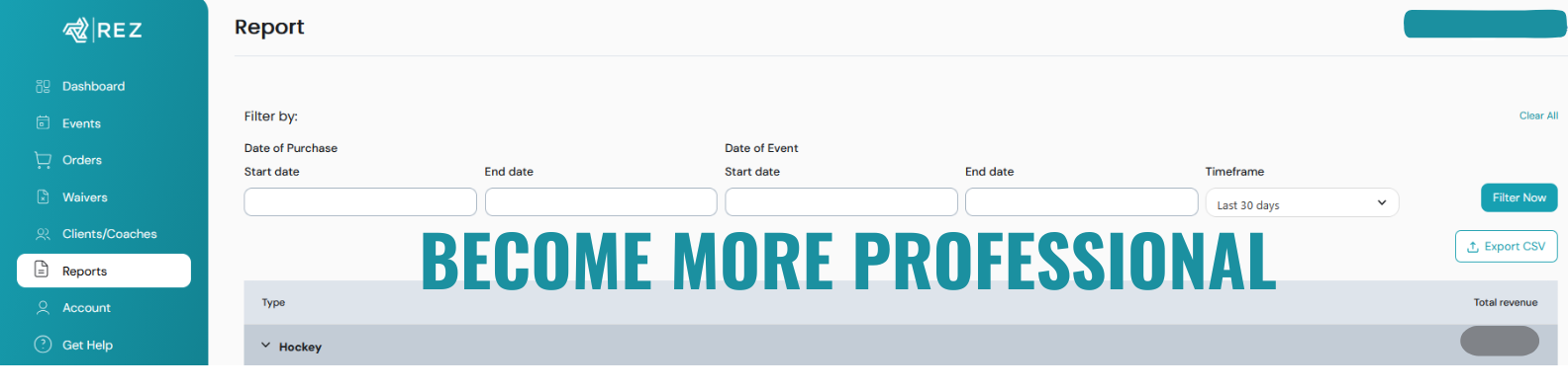 Screenshot of a software dashboard with navigation menu on the left, report filtering options at the top, and a large overlay text that says 'BECOME MORE PROFESSIONAL'.