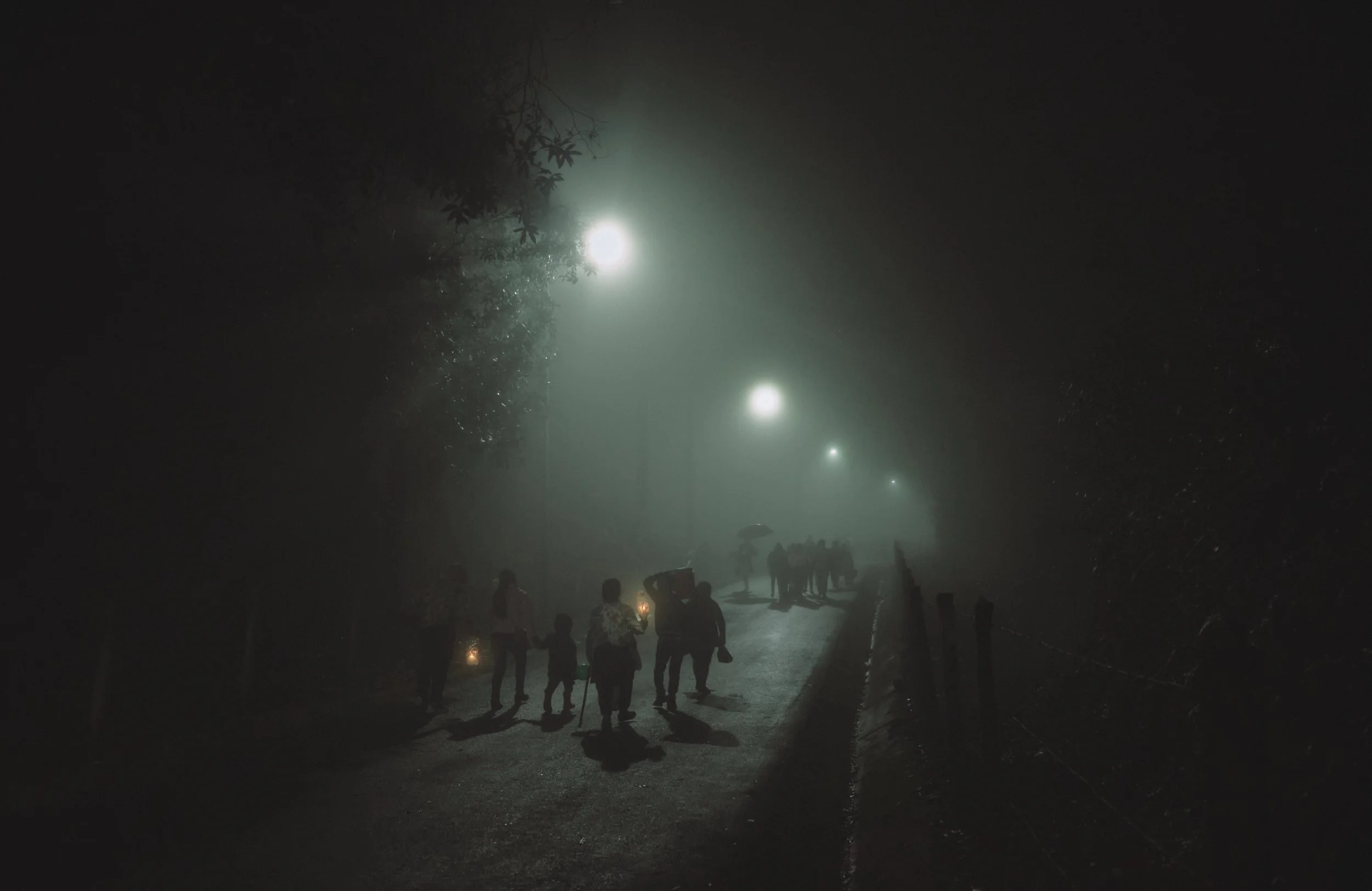 Grupo de personas caminando por una calle lluviosa por la noche, con farolas que iluminan la escena y algunos llevan paraguas.