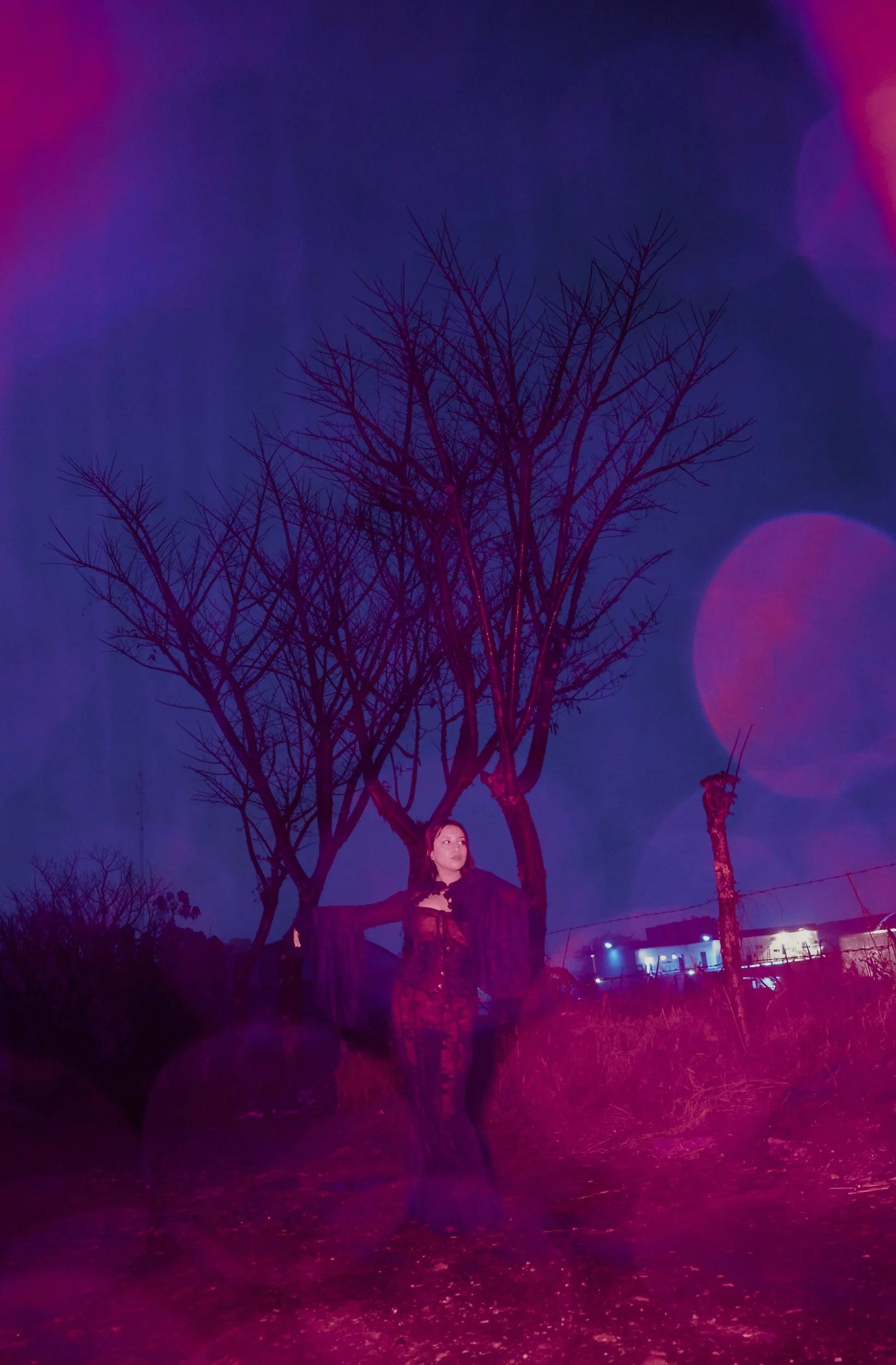 Mujer con ropa negra y cabello oscuro posando frente a un árbol sin hojas y un cielo oscuro de tono morado y rosado durante la noche, con luces distantes en el fondo y efecto de lente en la foto.