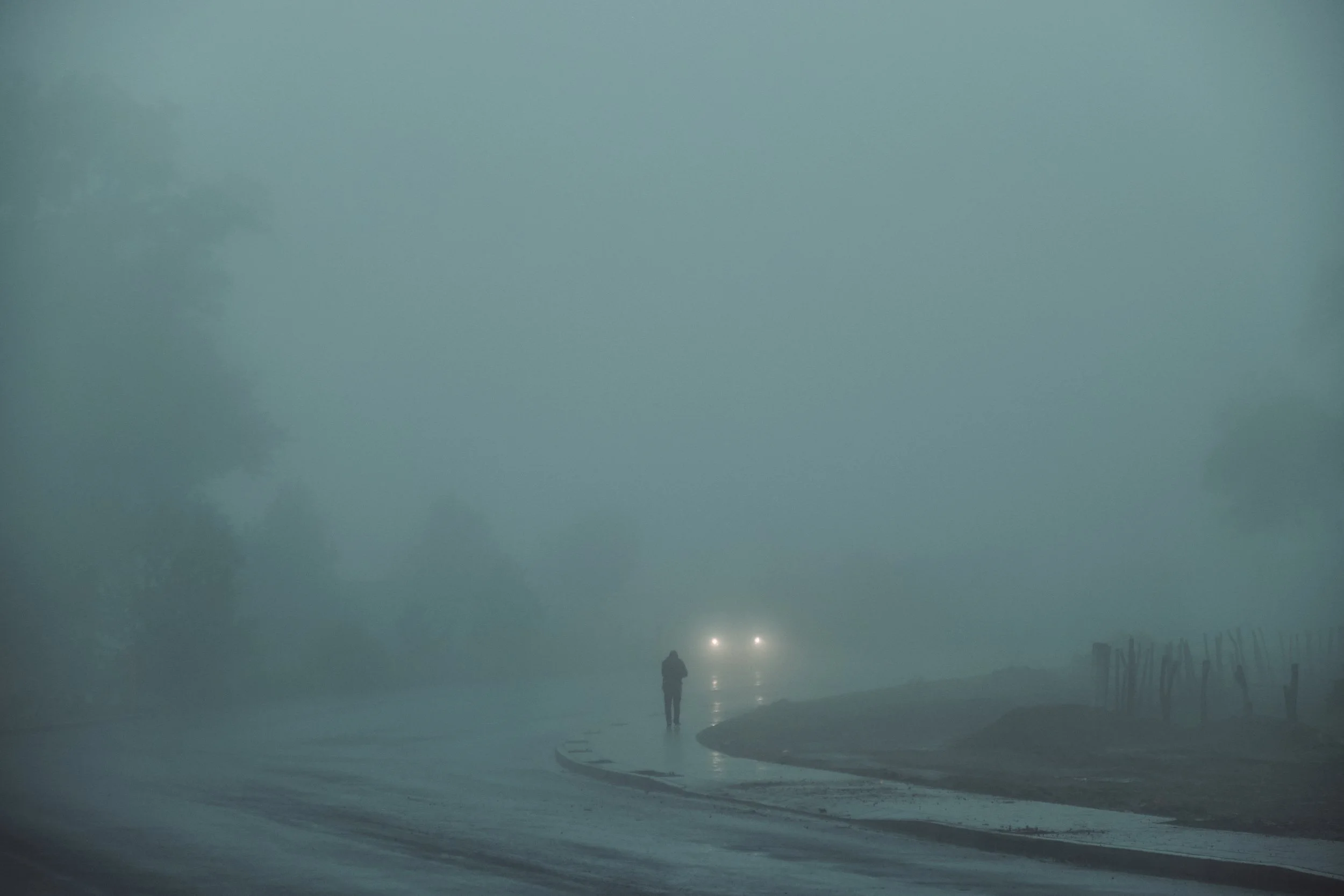 Una persona camina por un camino curvo en un área con neblina espesa, con árboles parcialmente visibles al fondo. La escena es oscura y misteriosa.