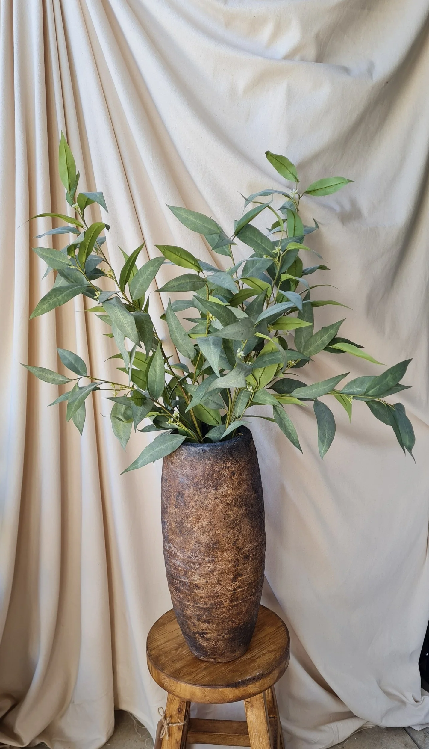 Rustic Aged Vase with Artificial Eucalyptus stems