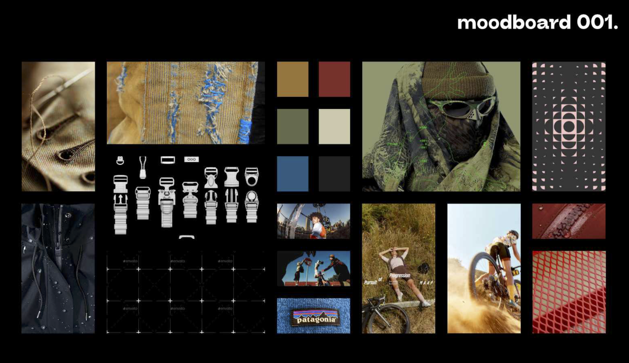 A collage of images related to outdoor activities and apparel, including close-ups of fabric, clothing, and gear, color palettes, technical diagrams, athletes, and a Patagonia logo, all on a black background with the text 'moodboard 001'.