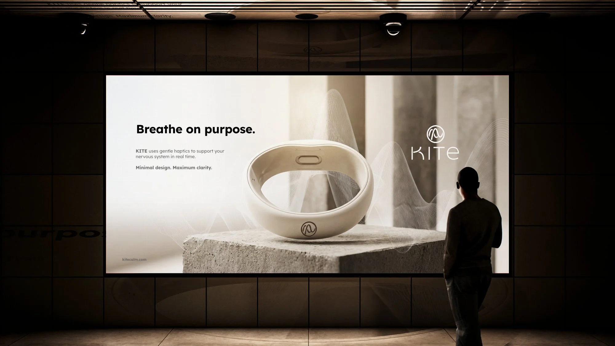 An advertisement for KITE, featuring a breathable wearable device with a minimalistic design and a person viewing the display in a dark setting.