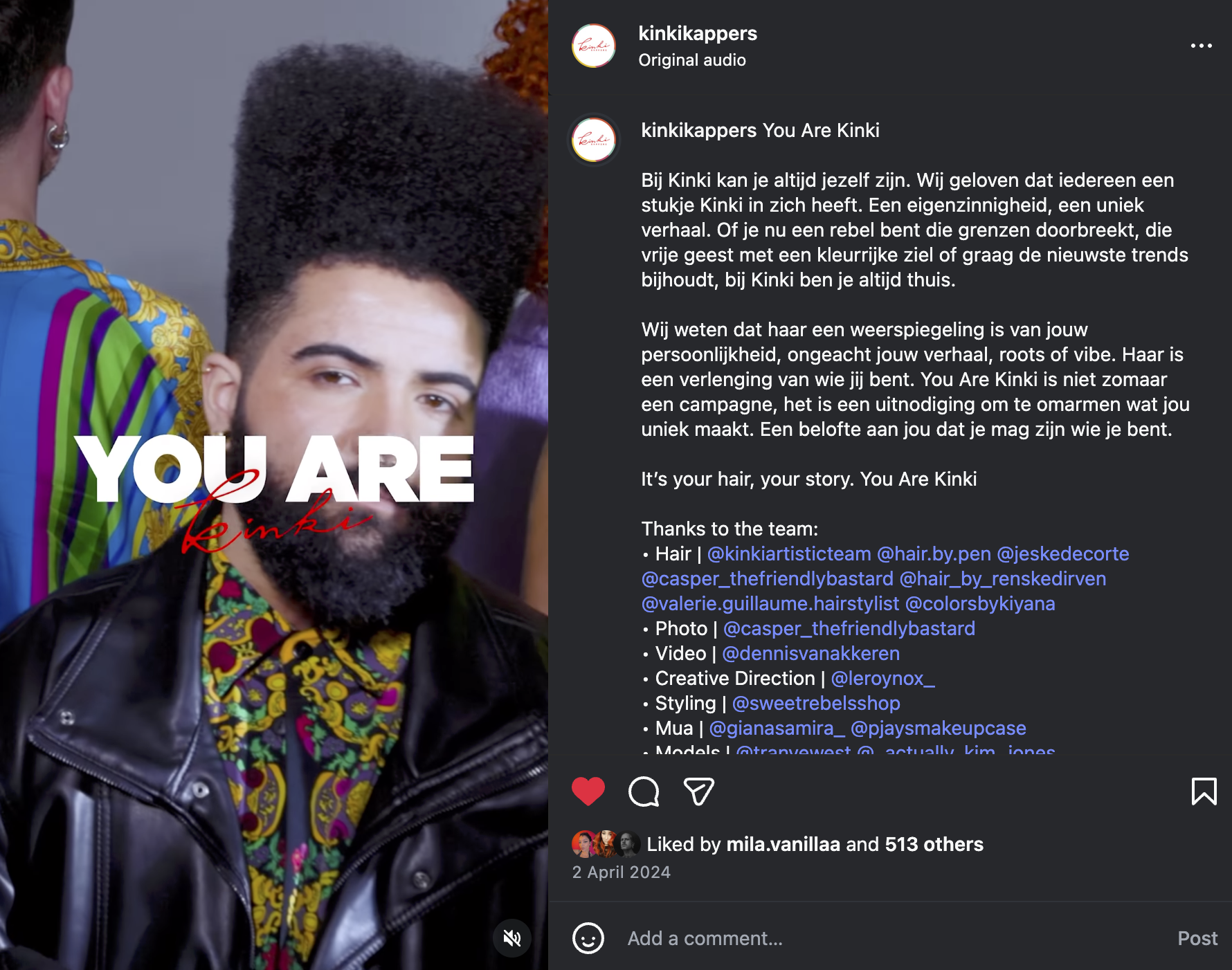 A person with a beard and curly afro hairstyle wearing a colorful patterned shirt and a black leather jacket. The overlay text says 'YOU ARE' in white and 'kinki' in red cursive. Behind them are other people, one with a colorful sash.