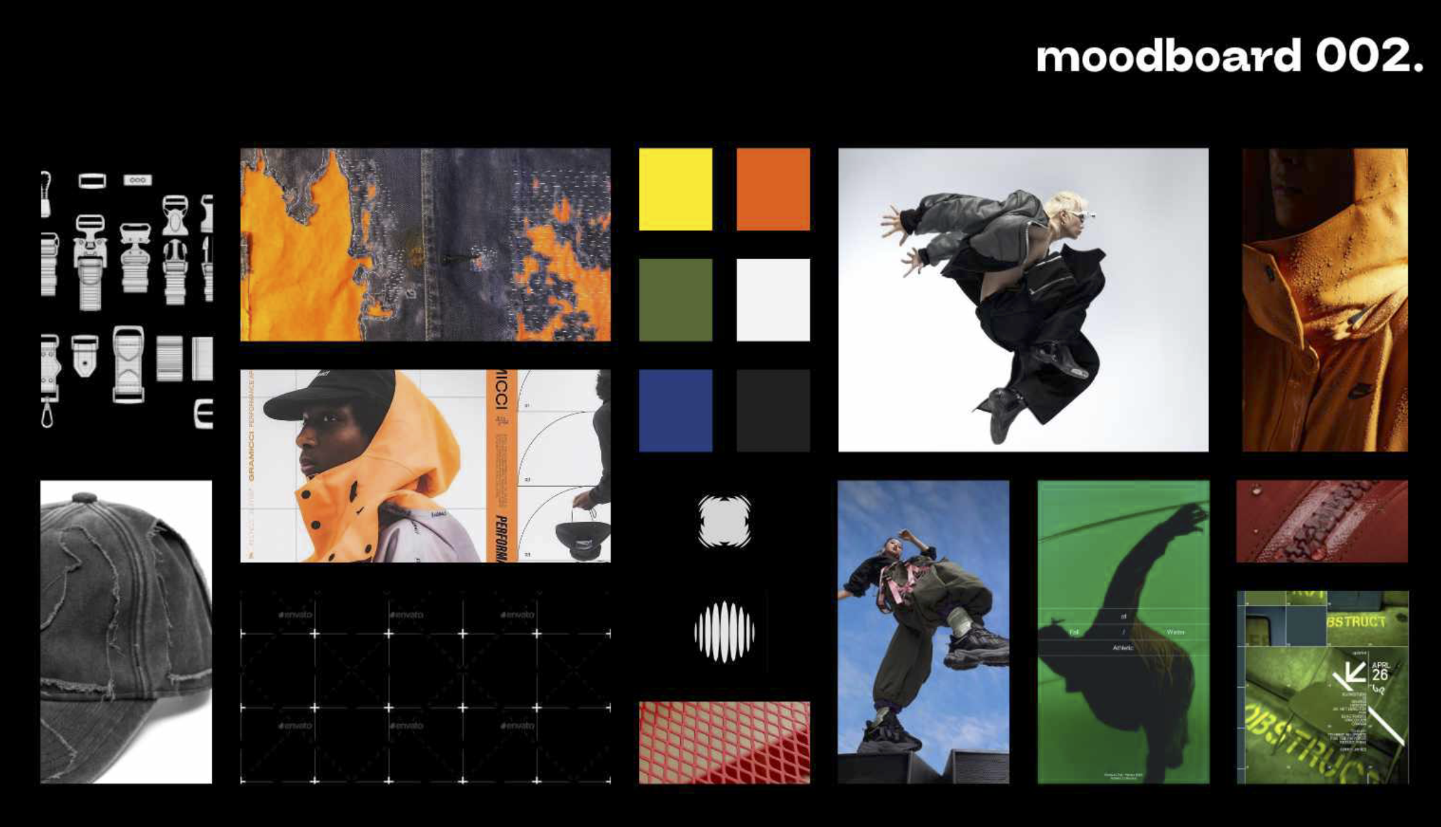 A digital moodboard titled 'moodboard 002' featuring various images including fashion photos, abstract textures, color palettes, and design elements, all arranged on a black background.