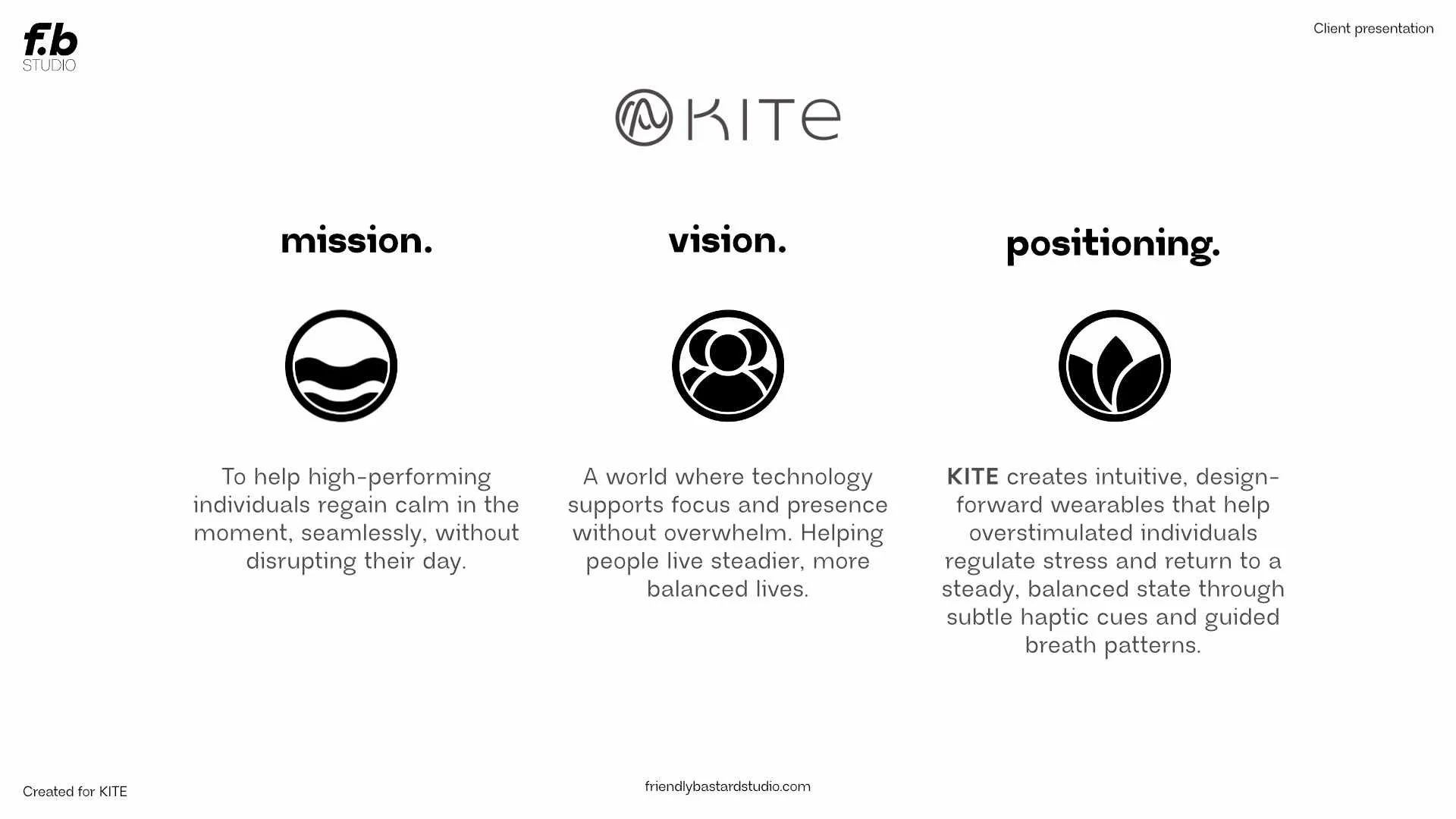 A presentation slide with the company logo 'f.b STUDIO' at the top left, and the title 'Client presentation' at the top right. The slide is divided into three sections labeled 'mission.', 'vision.', and 'positioning.' Each section contains an icon an