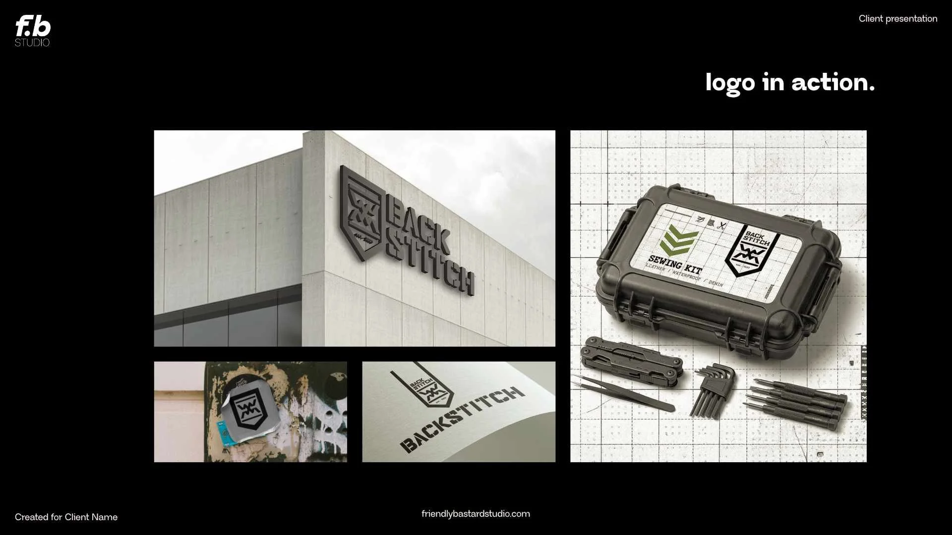 A presentation slide showing the logo for Back Stitch, including a building with the logo, a badge, and sewing kit tools like a needle, screwdriver, and various bits with matching logo designs.