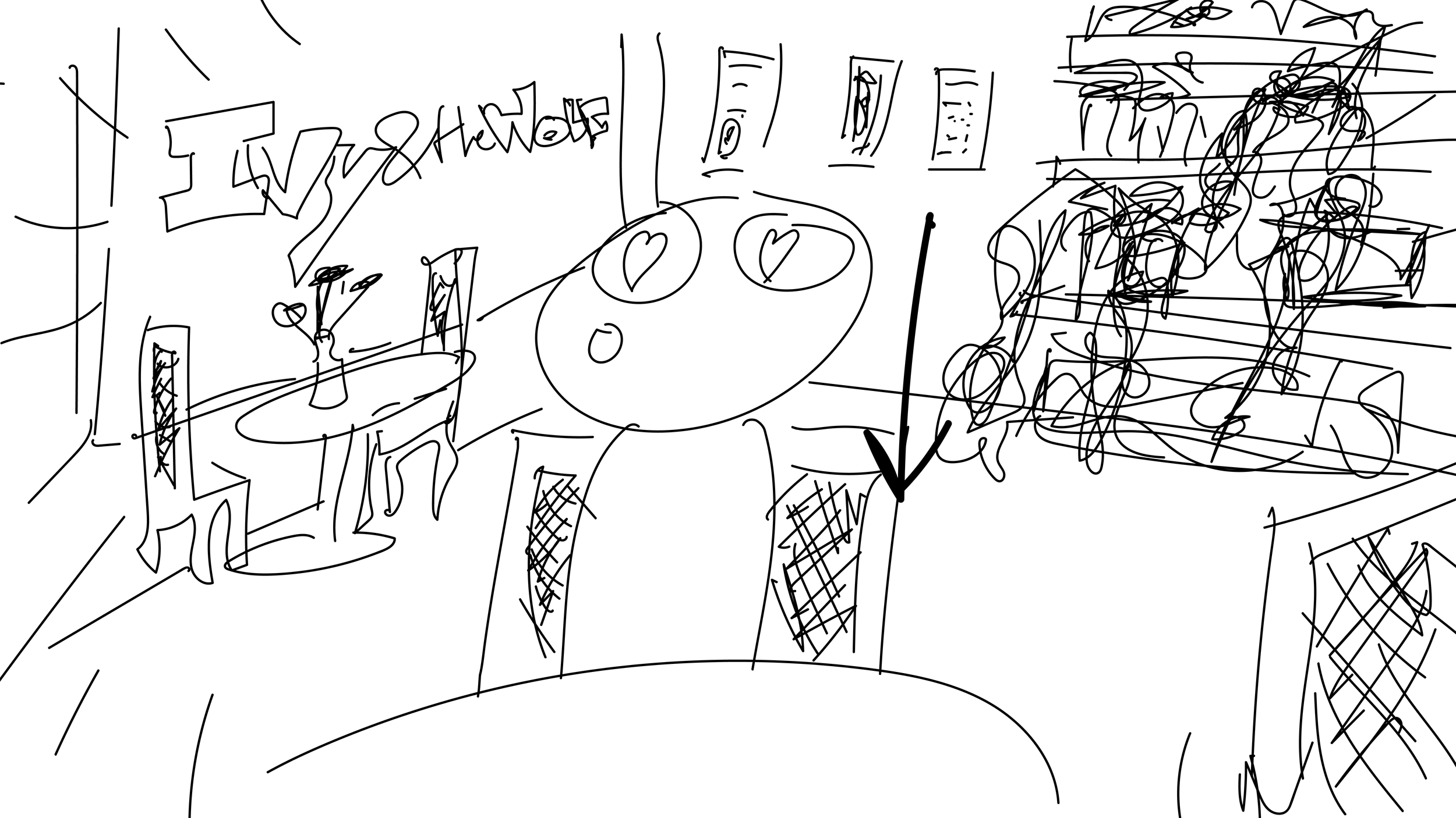 A sketched interior of a cozy restaurant or cafe with a table in the foreground and a counter or bar on the right side, featuring chairs, plates, glasses, and decorative elements, with a note or sign on the left wall.