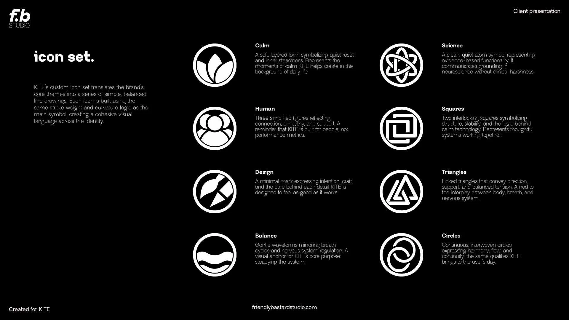 A presentation slide titled 'icon set' featuring nine black-and-white icons with descriptions for Calm, Human, Design, Balance, Science, Squares, Triangles, Circles, representing concepts like serenity, connection, minimalism, breath regulation, scie