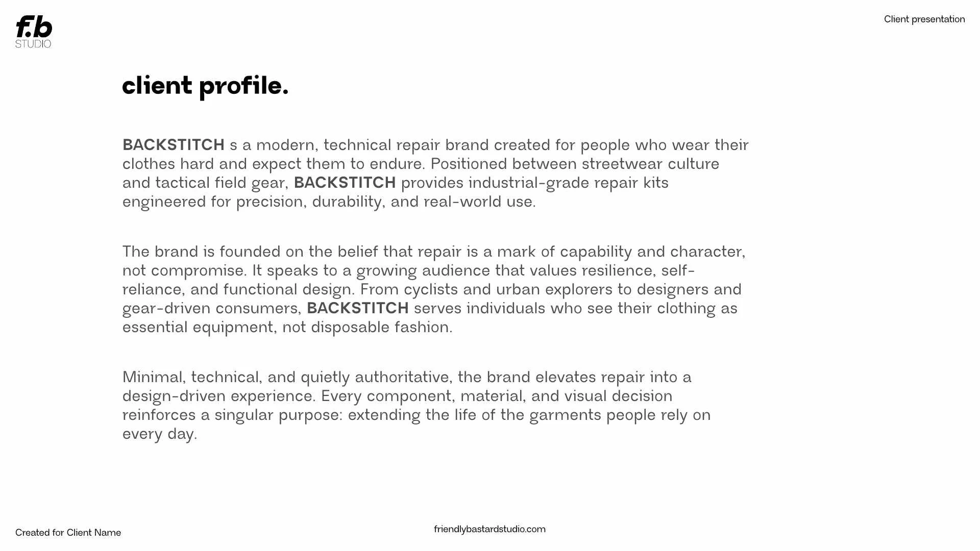 A white presentation slide displays the company description for BACKSTITCH, a modern repair brand. Text highlights the brand's focus on durable repair kits, resilience, functional design, and sustainability for clothing repair, with branding and webs