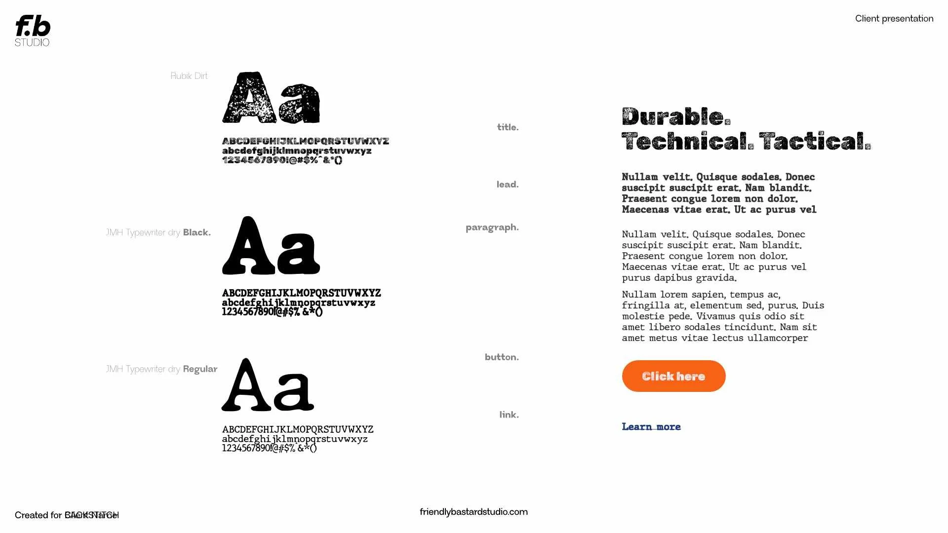 A design layout comparing three different fonts: Rubik Dirt, JMCH Typewriter dry Black, and JMCH Typewriter dry Regular, with sample text and alphabet samples for each. On the right side, it includes a placeholder for a title, lead, paragraph, and a 