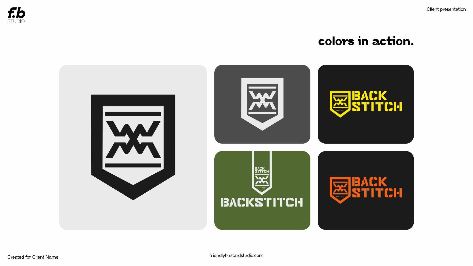 A presentation slide showing a logo with a shield and stitched design in four color variations: black on white, white on dark gray, yellow on black, green on black, and orange on black, with the text 'colors in action' at the top right.