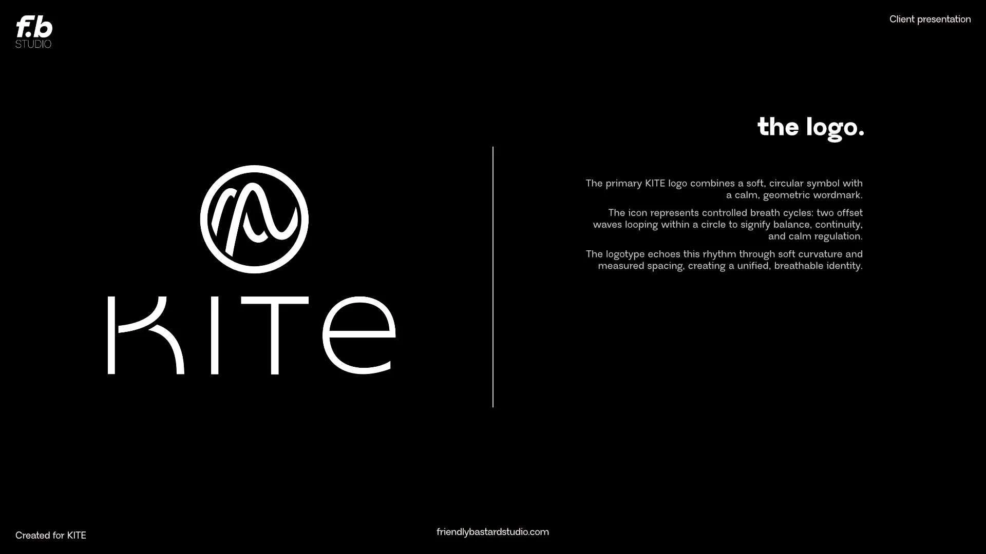 Slide showing KITE logo and text, with an explanation of the logo's design elements and symbolism, on a black background.