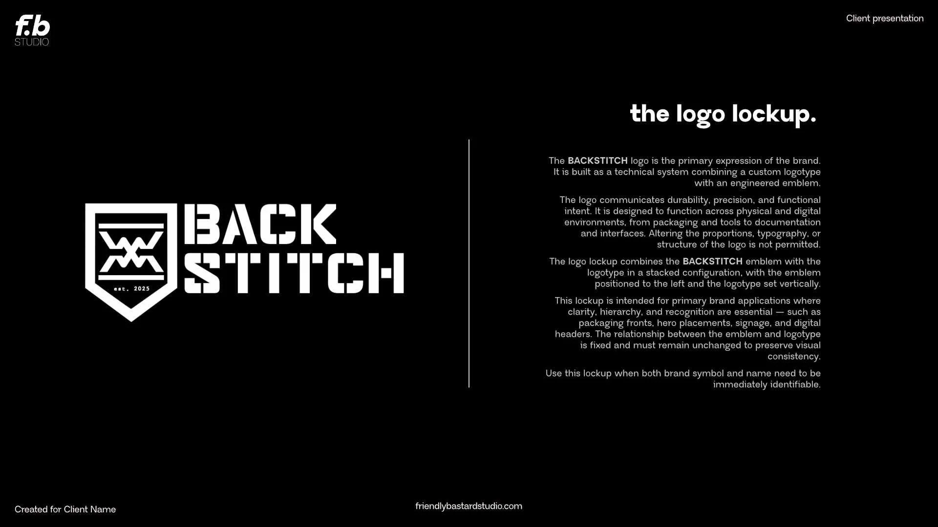 A black and white logo with a shield shape containing stylized 'W' and 'X' symbols and the text 'BACKSTITCH est. 2025'. To the right, white text on a black background explains the logo lockup and its design principles.