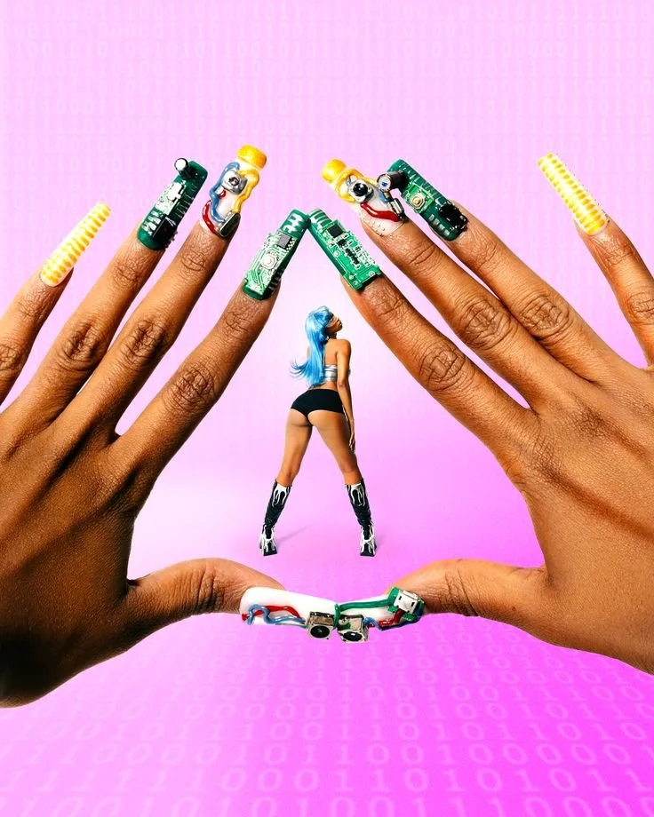 A pair of hands with colorful circuit board nail art surrounds a tiny female figure with blue hair, black shorts, and knee-high boots, against a pink digital background.