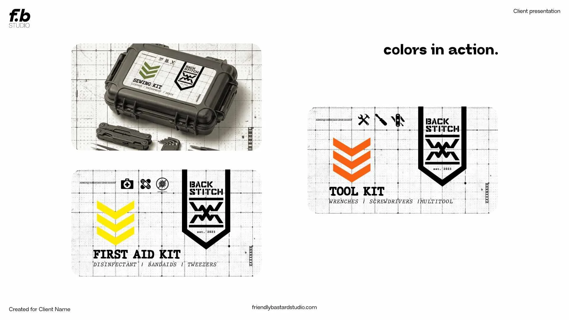 Design mockup of a tool kit, first aid kit, and branding elements for 'Back Stitch', featuring icons and text for each kit, with a black and white color scheme and some yellow and orange accents.