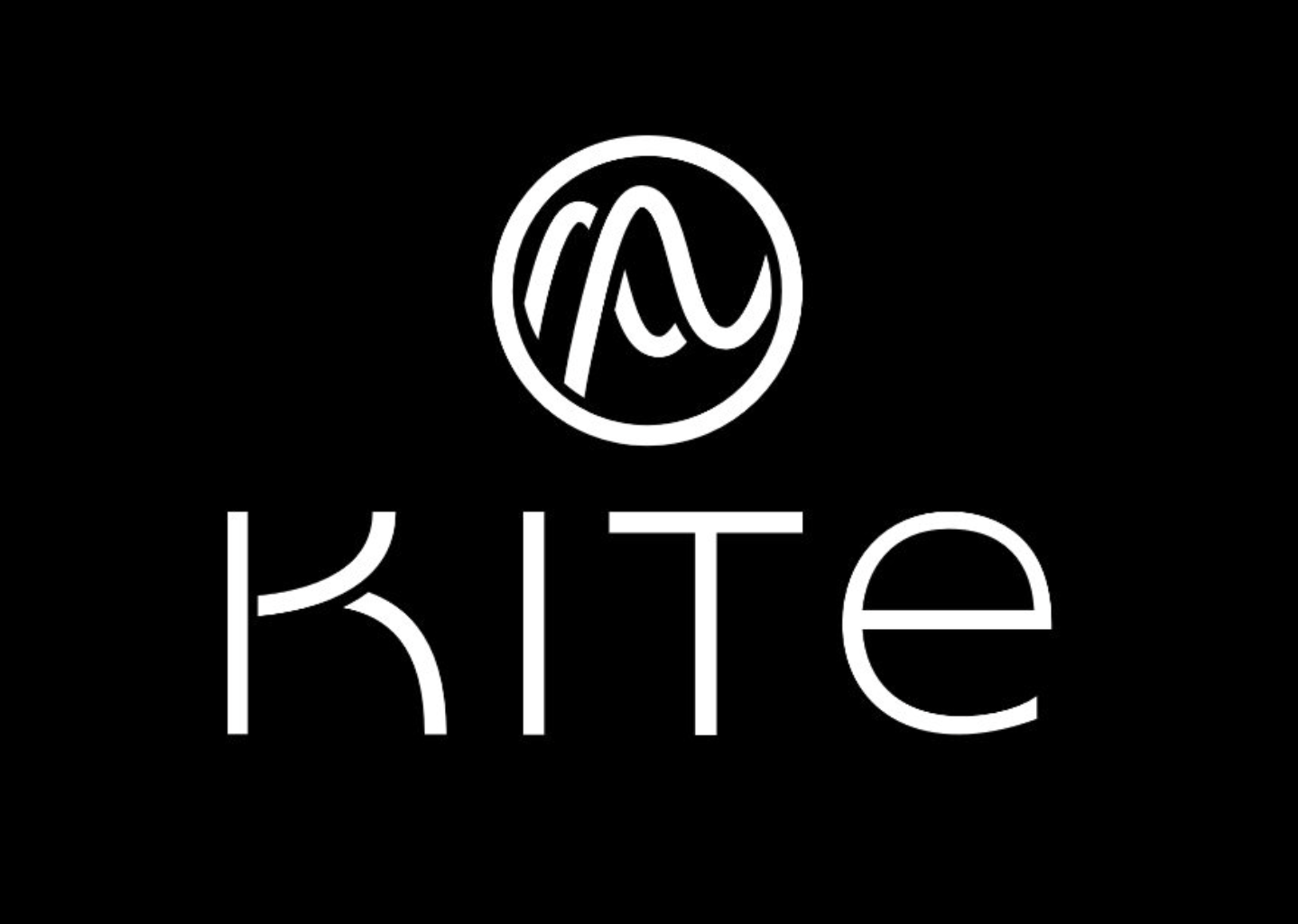 Black background with white text displaying the word 'KITE' and a circular logo above it that contains a stylized 'A' and 'M'.