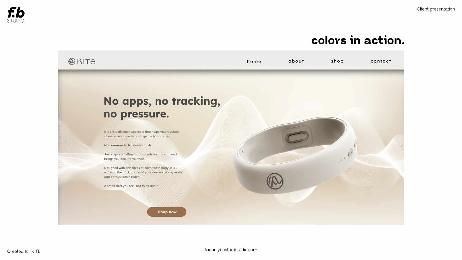 Website homepage for KITE showcasing a wearable device for stress regulation, with the tagline 'No apps, no tracking, no pressure.' and a 'Shop now' button.