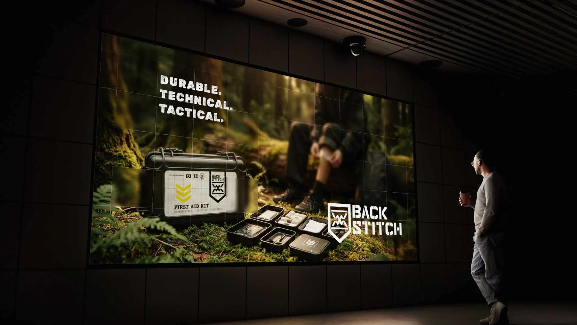 A man stands in front of a large advertisement for Back Stitch first aid kits, featuring a nature scene with trees and moss, a person sitting on the ground, and images of the first aid kit and accessories.