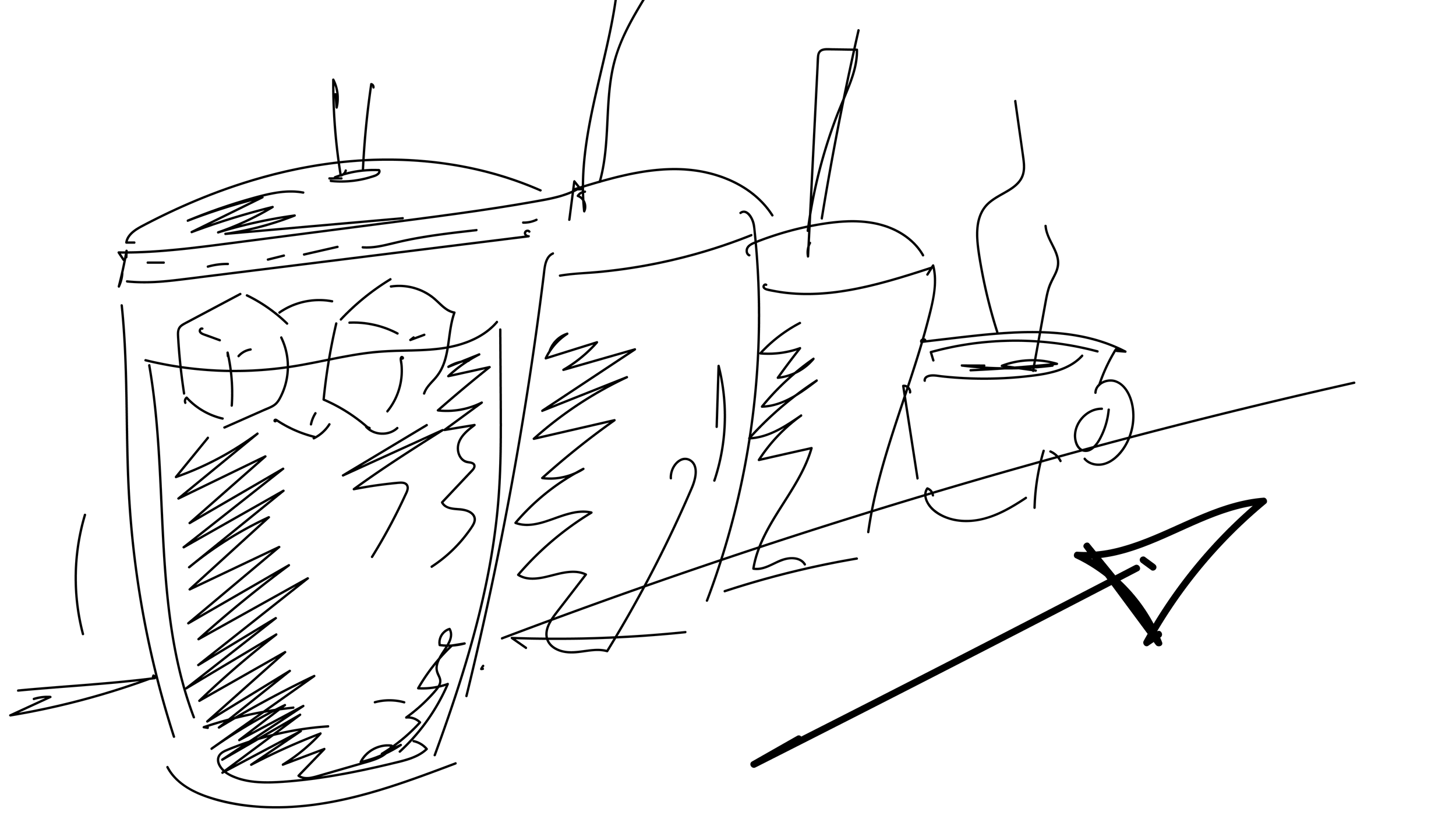 Line drawing of a tray with a glass of iced beverage with ice cubes, a cup with steam, and another cup with steam, all on a surface.
