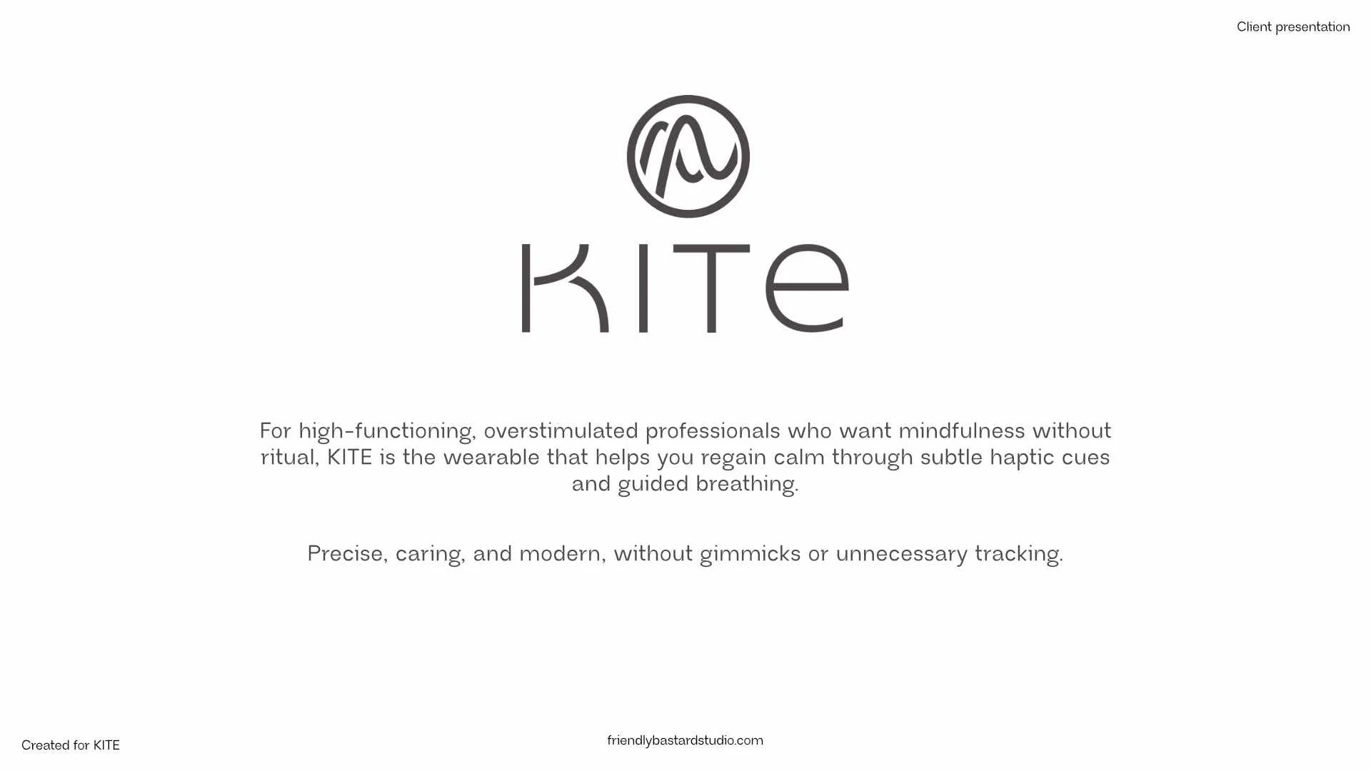 A presentation slide for KITE, a wearable device for mindfulness designed for professionals. The slide includes a logo with a circular symbol and the word 
