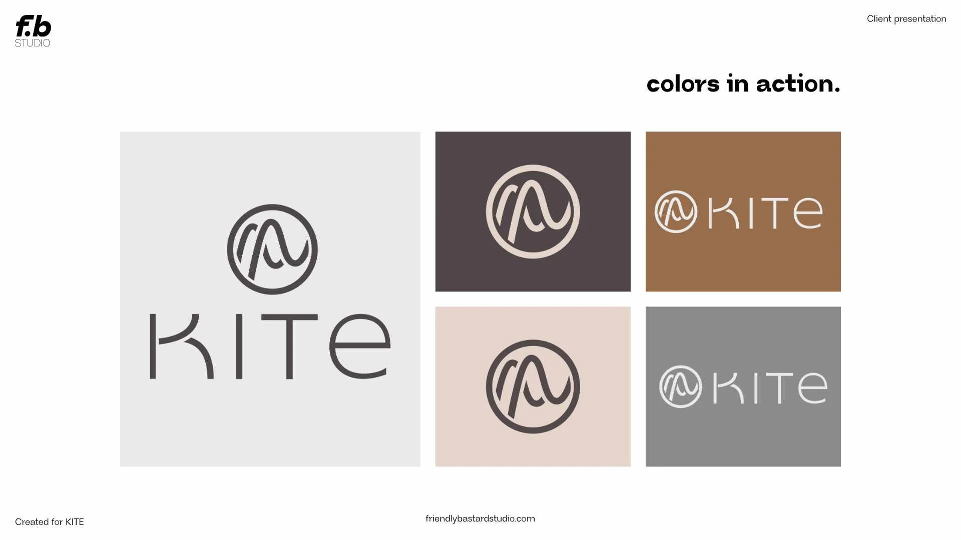 Color palette showcasing the KITE logo in four different color schemes, with a circular logo featuring a stylized 'K' and the word 'KITE' in minimalist font, labeled 'colors in action'.