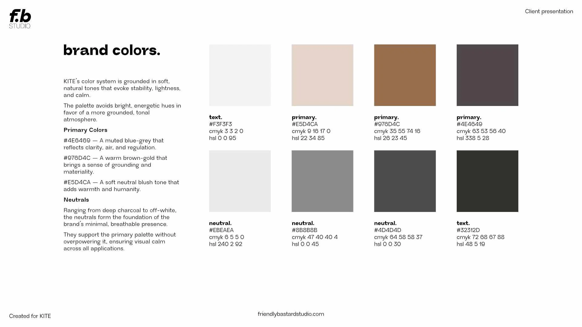 A guide to brand colors featuring color swatches and descriptions. It includes primary colors in blue-gray, warm brown-gold, and neutral blush tones, along with neutral shades from charcoal to off-white. The image has text explaining the color system