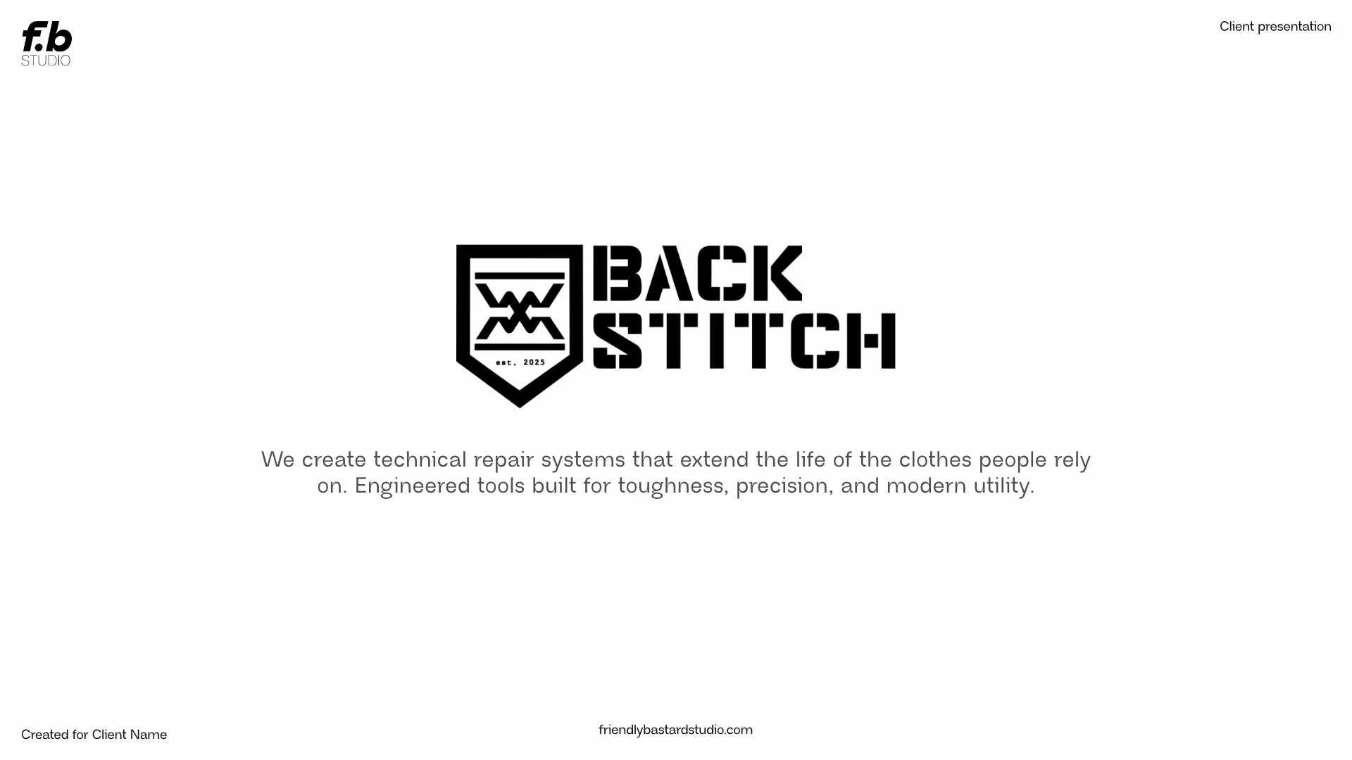 Back Stitch logo with shield emblem, black text, and a description about creating technical repair systems for clothing.