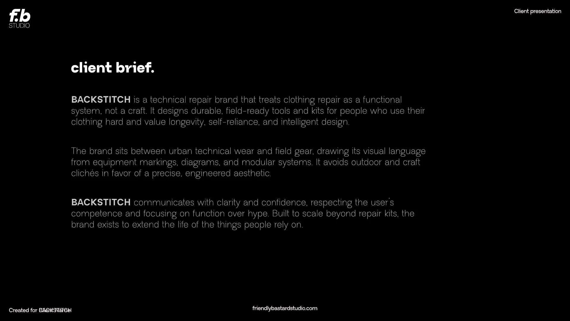 A presentation slide titled 'client brief' describing BACKSTITCH as a technical repair brand that designs durable, field-ready tools for clothing repair, emphasizing its blend of urban technical wear and work gear, focusing on clarity, confidence, an