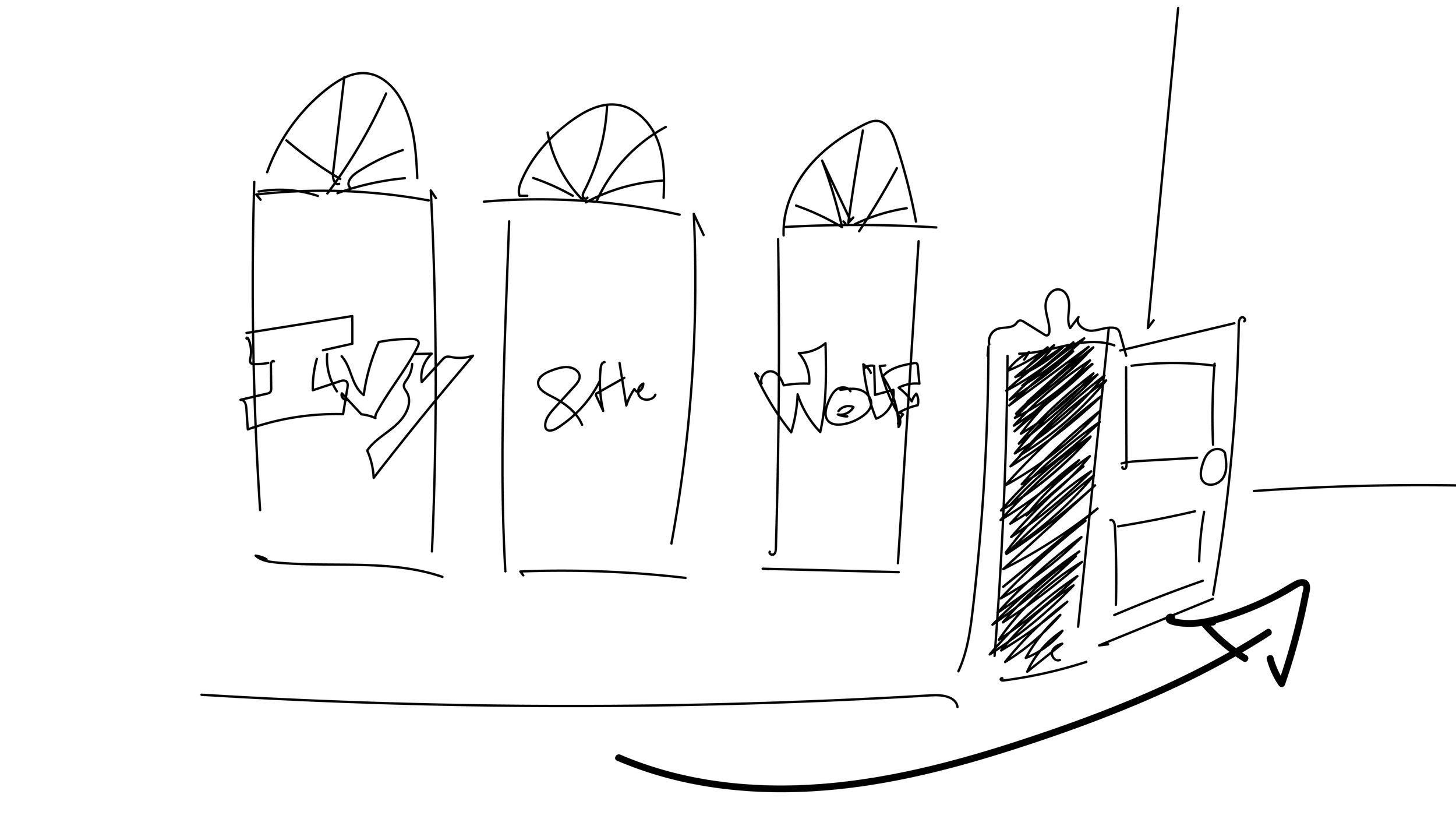 A hand-drawn sketch of four tall rectangular structures with semi-circular tops, labeled 'TV', '& the', 'WOLF', and a partially colored building with an arrow pointing to the right.