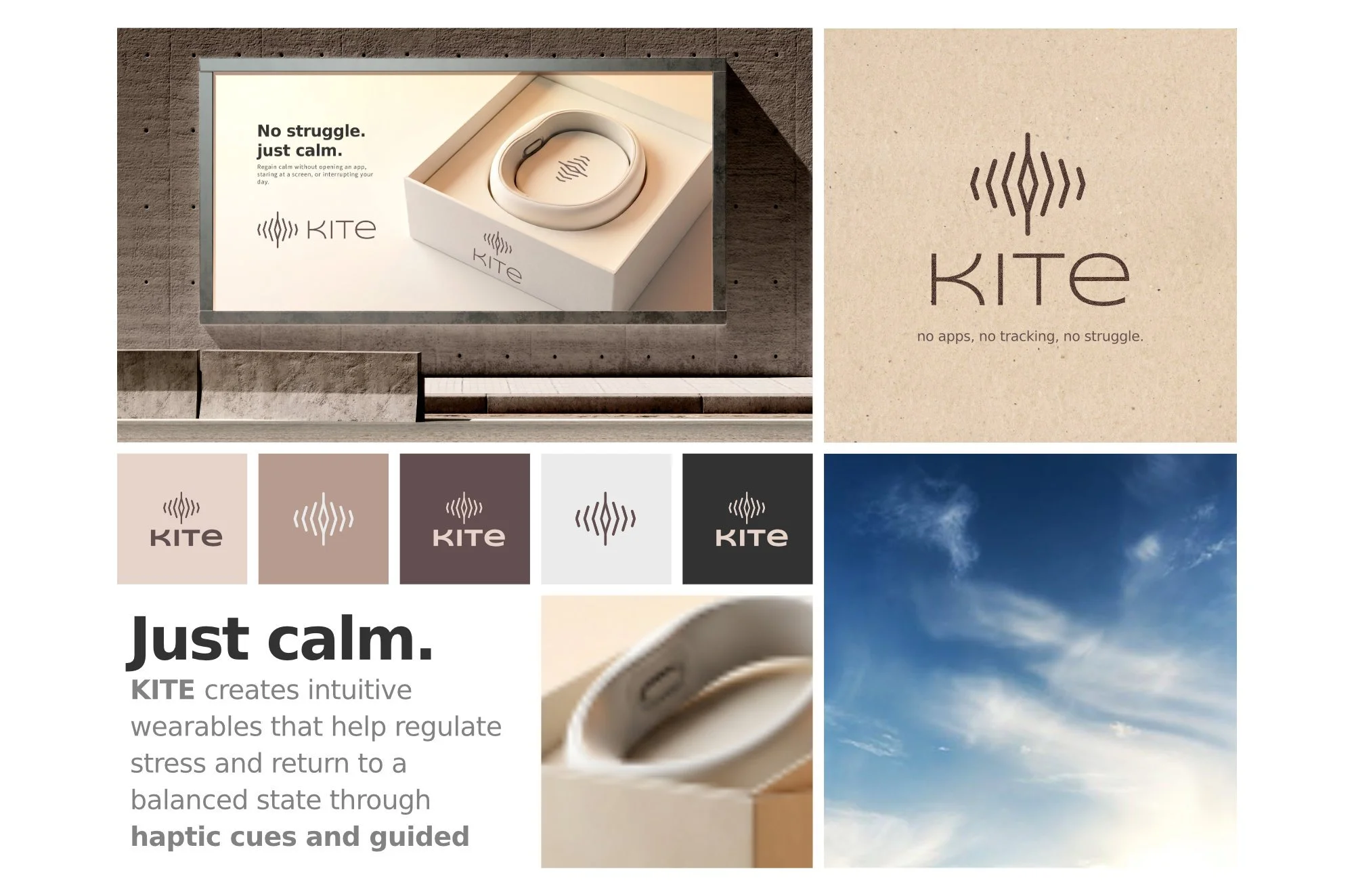 A collage of images and branding materials for KITE, a wearable device for stress regulation. Includes a boxed device, logo variations, a motto 'No struggle, just calm,' a sky with clouds, and a description of the product's function.
