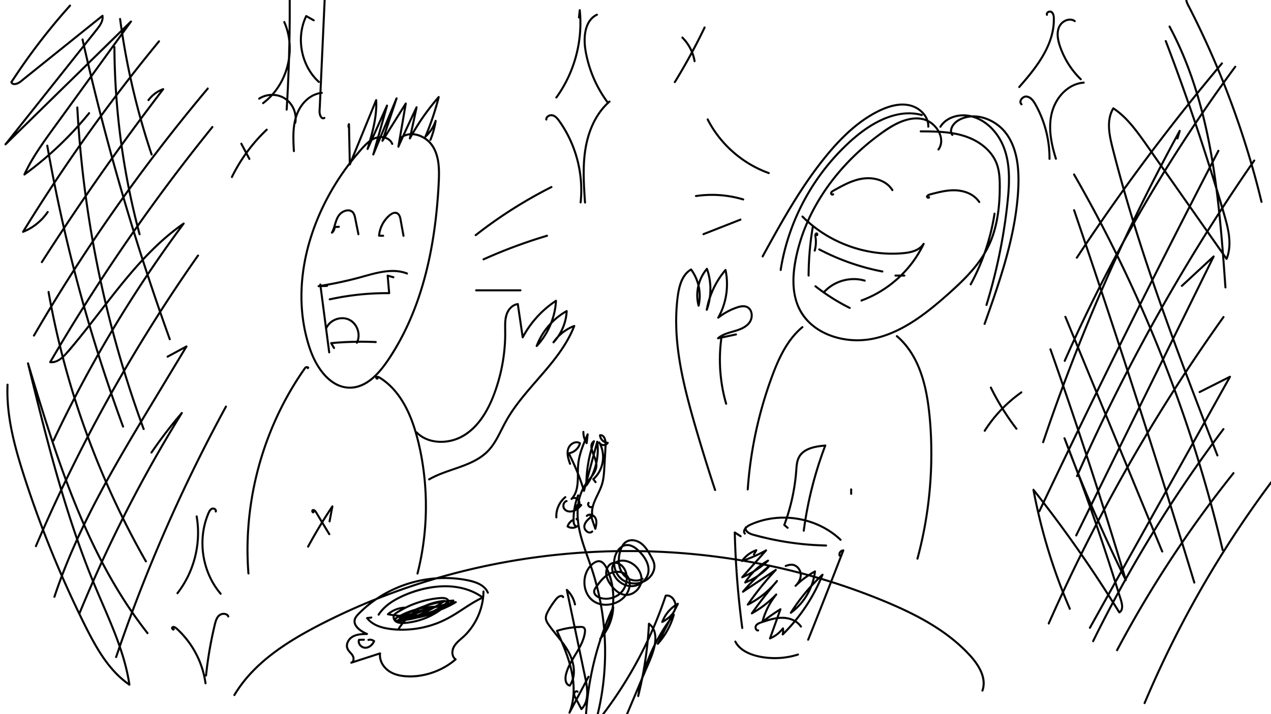 Two people sitting at a table, smiling and engaging with each other, with a drink and some food on the table, and decorated background.