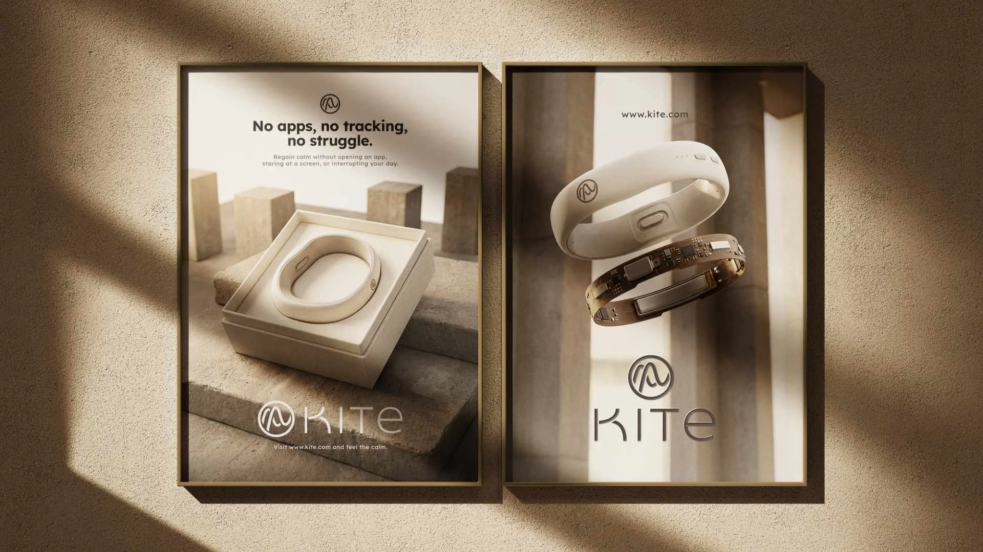 Two framed posters of KITE wellness bracelets. The left poster shows a white bracelet in a box with the text 'No apps, no tracking, no struggle.' The right poster shows the bracelets with the KITE logo, one white and one metallic, hung vertically. Bo