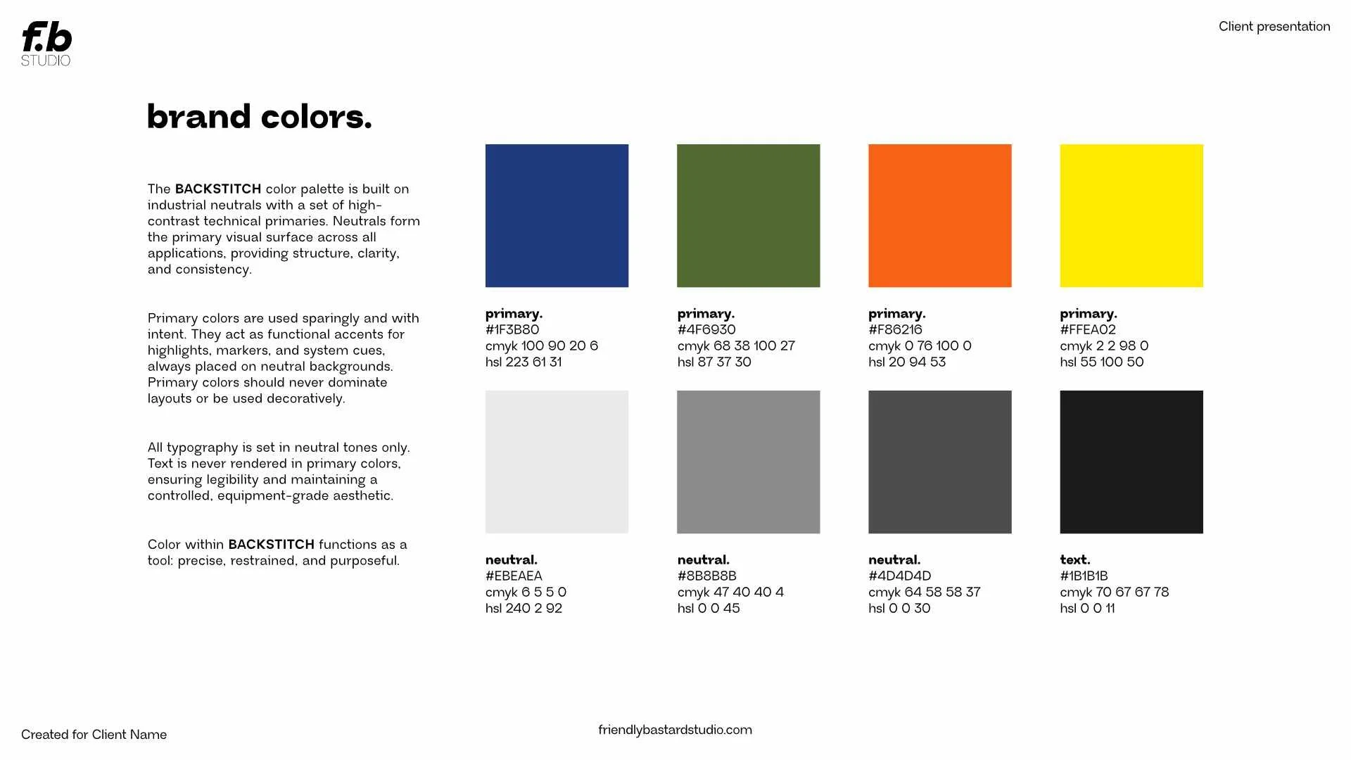 A presentation slide titled 'brand colors' showing four primary colors (blue, green, orange, yellow) with their hex codes and color specifications, along with four neutral shades of gray with their hex codes, describing the use of backstitch color pa